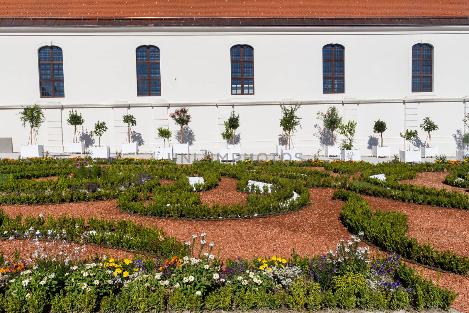 Area of the important landmark Bratislava castle, Slovakia. New opened public baroque garden. Castle is part of UNESCO World Heritage.