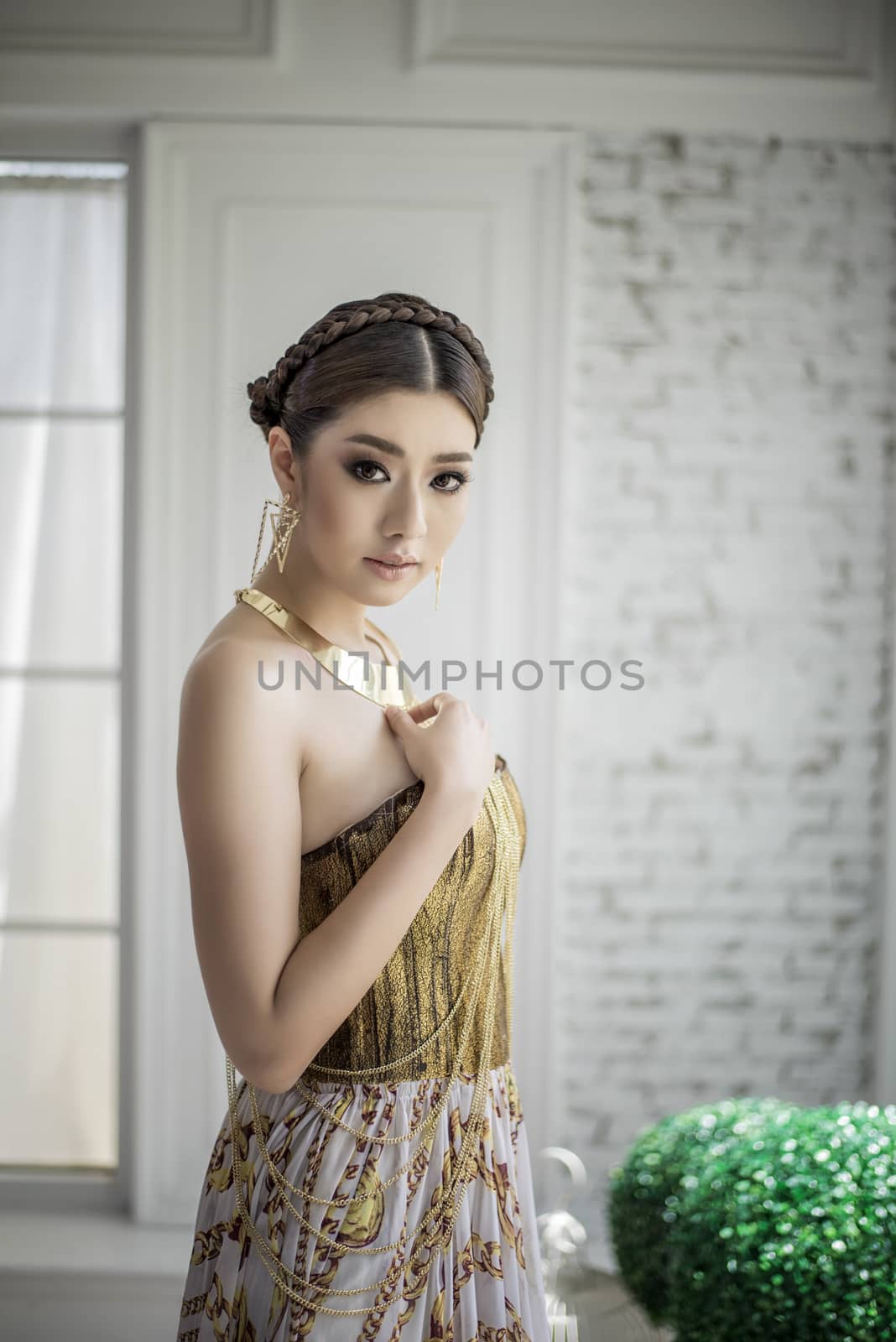 Fashion photo of beautiful young woman wearing lace dress, relax by chanwity