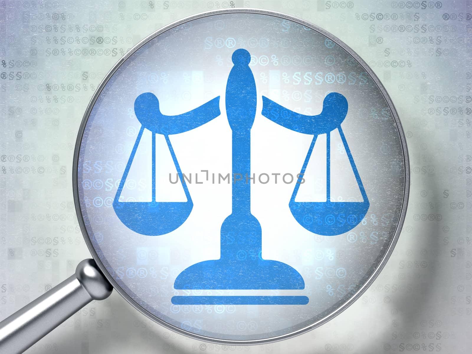 Law concept: magnifying optical glass with Scales icon on digital background, 3D rendering