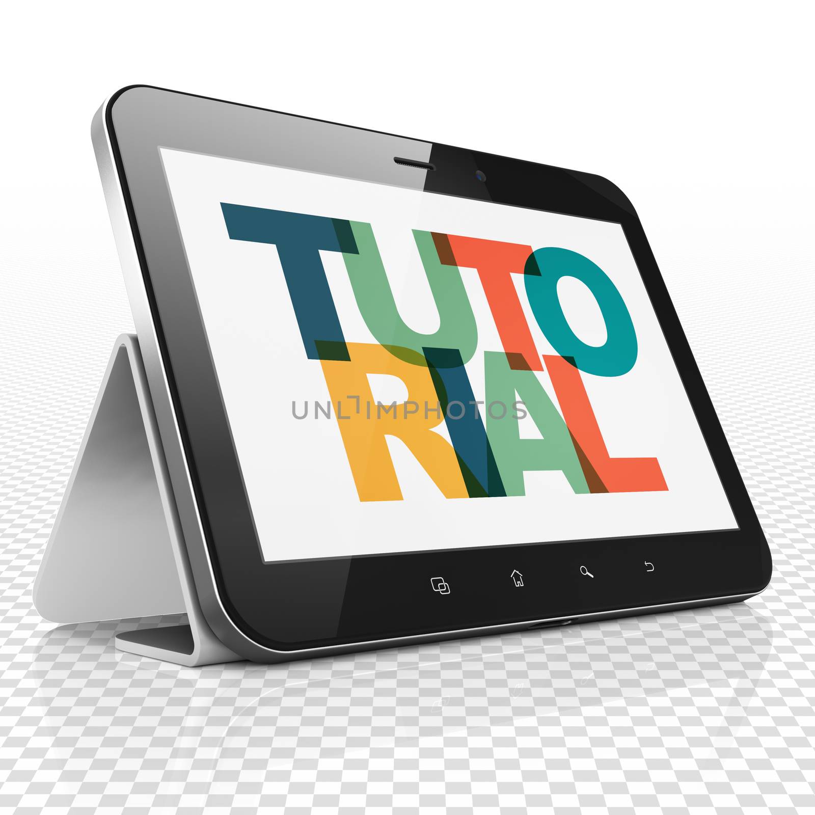 Learning concept: Tablet Computer with Painted multicolor text Tutorial on display, 3D rendering