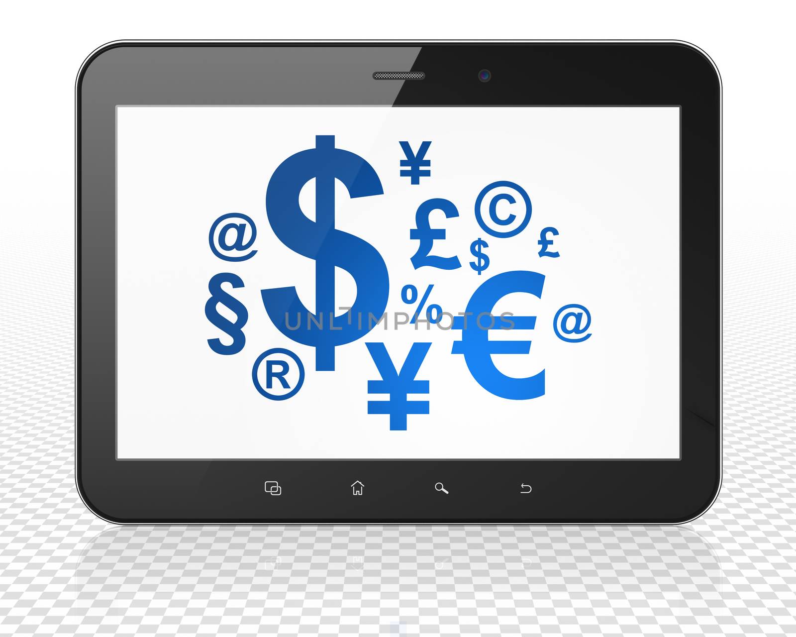 News concept: Tablet Pc Computer with blue Finance Symbol icon on display, 3D rendering