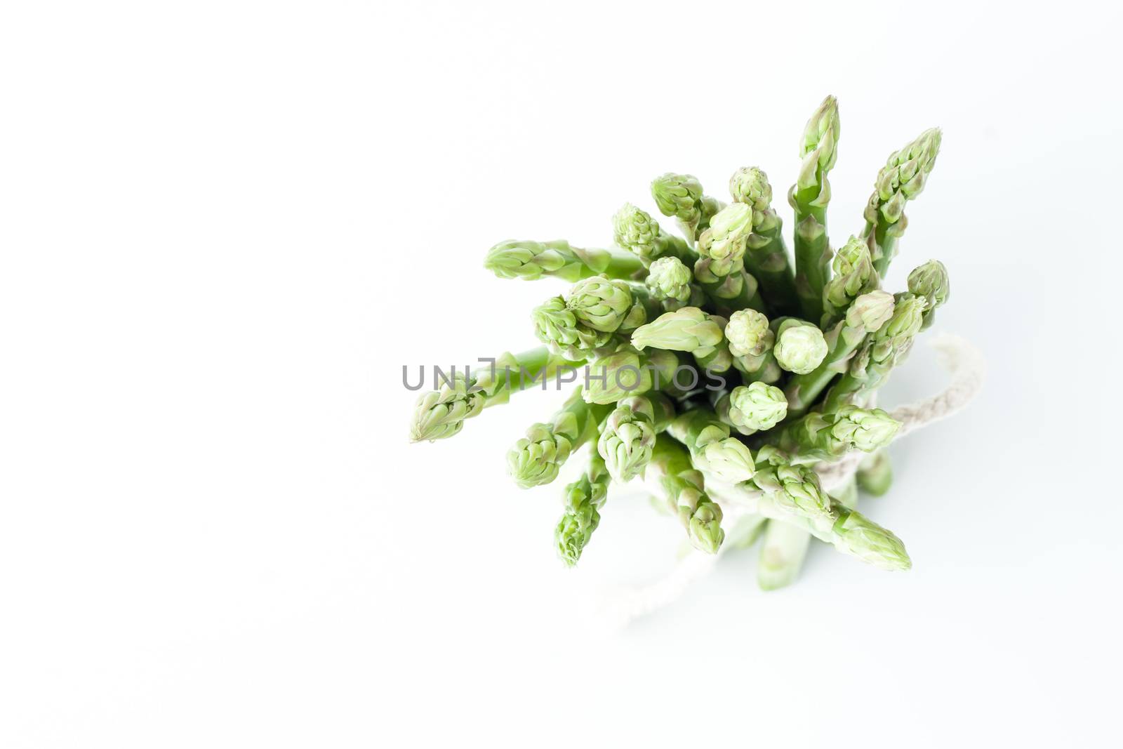 Bundle of asparagus on the white background top view