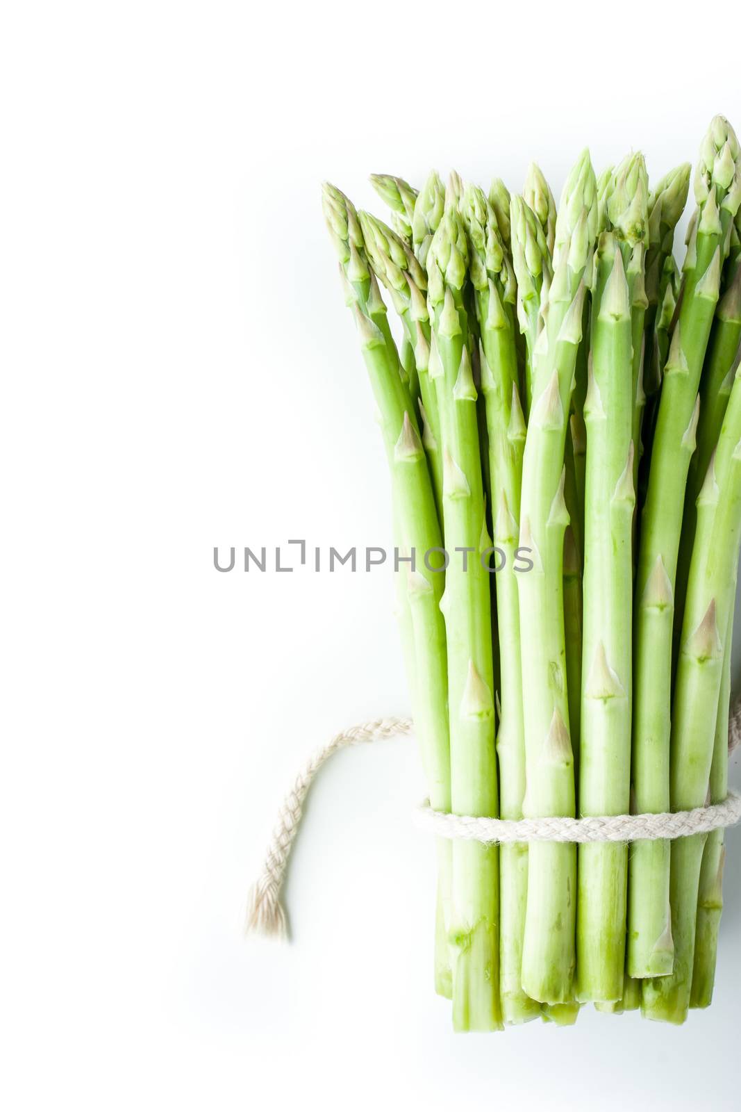 Bundle of asparagus at the right of white background vertical