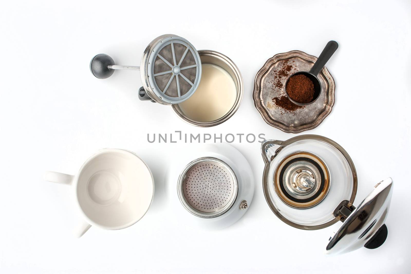 Preparation coffee set on the white background top view