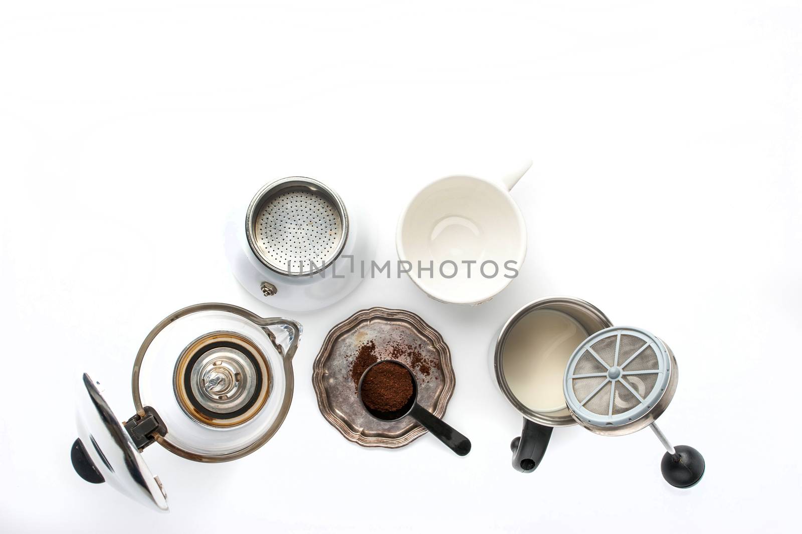 Equipment for preparation coffee  on the white background top view