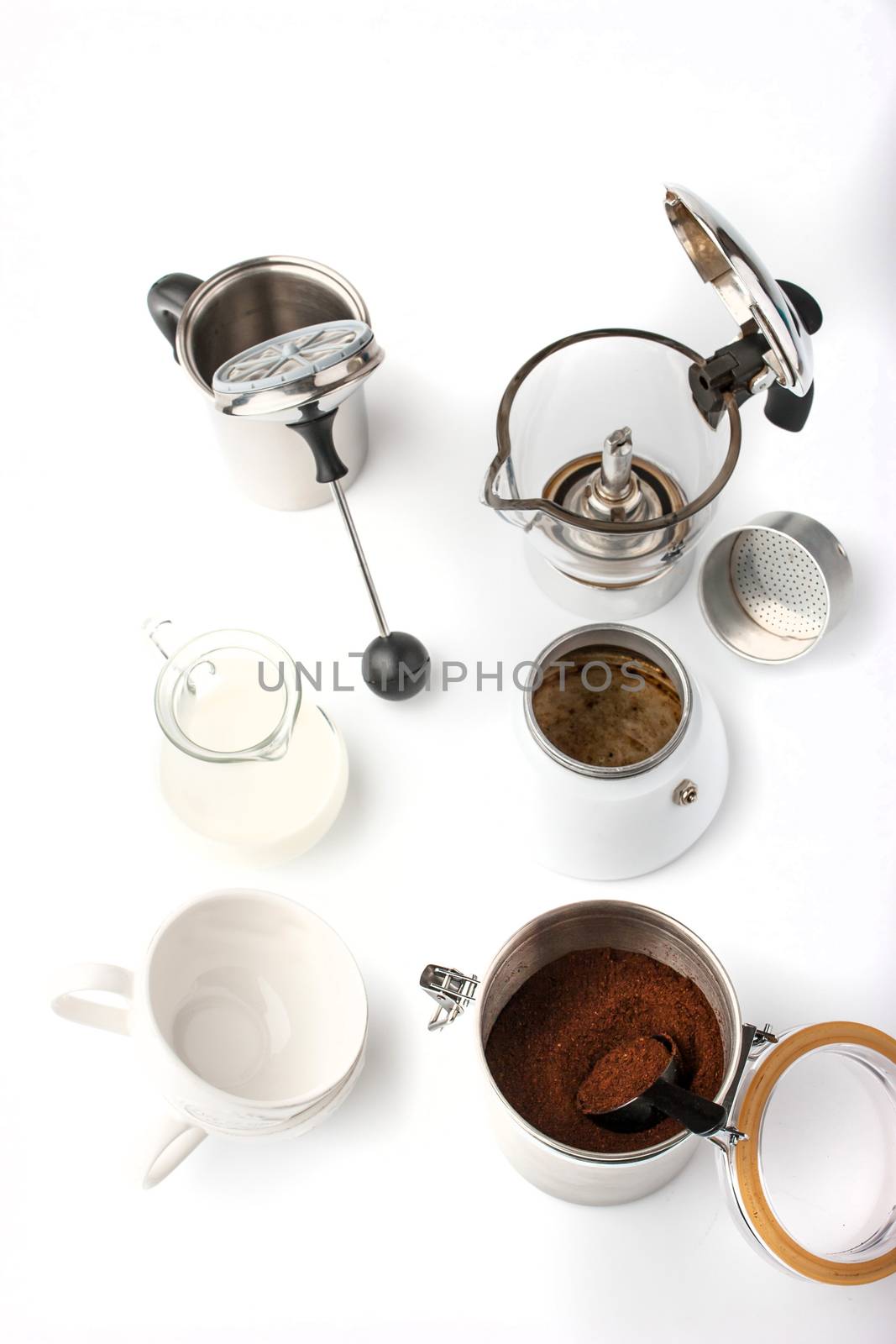Equipment for preparation coffee  on the white background vertical