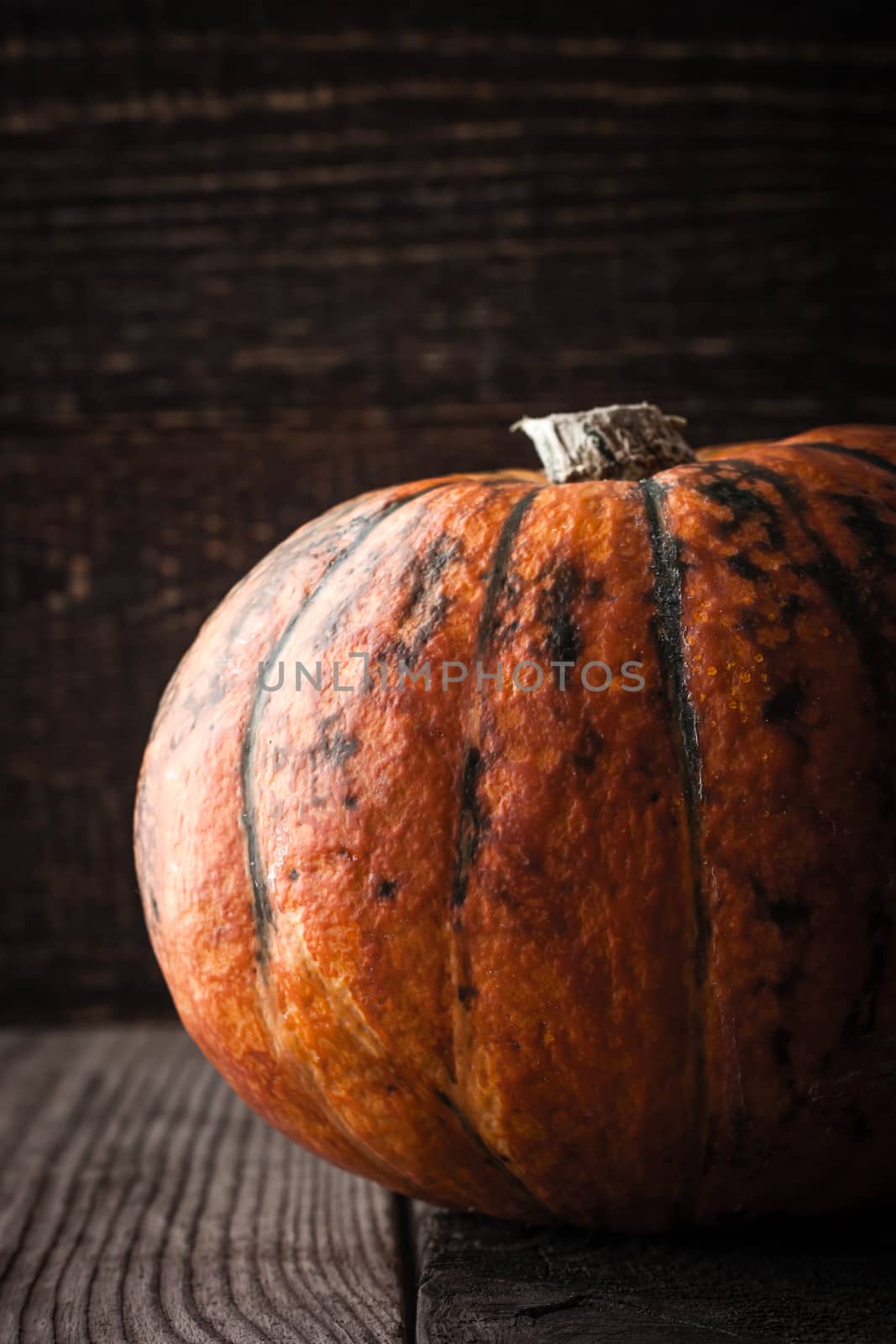 Orange pumpkin with green stripes on the wooden table vertical