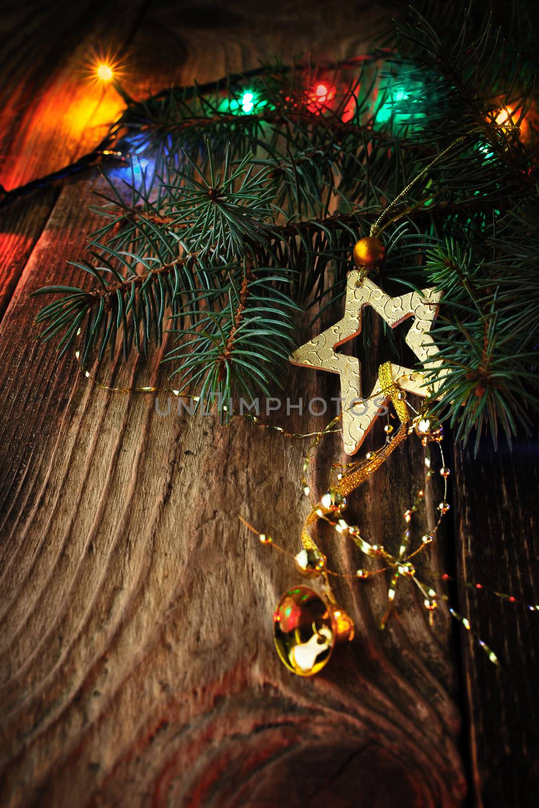 Christmas fir tree with decoration and festoon