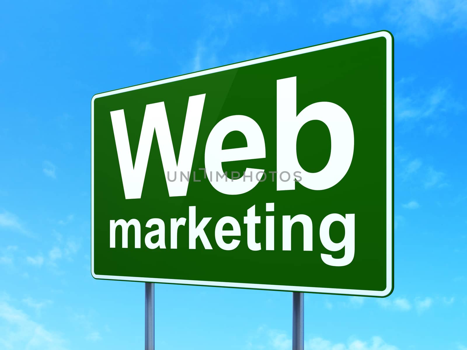 Web development concept: Web Marketing on green road highway sign, clear blue sky background, 3D rendering