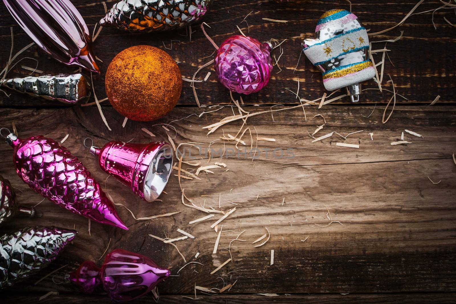 Christmas tree decorations on the wooden board horizontal