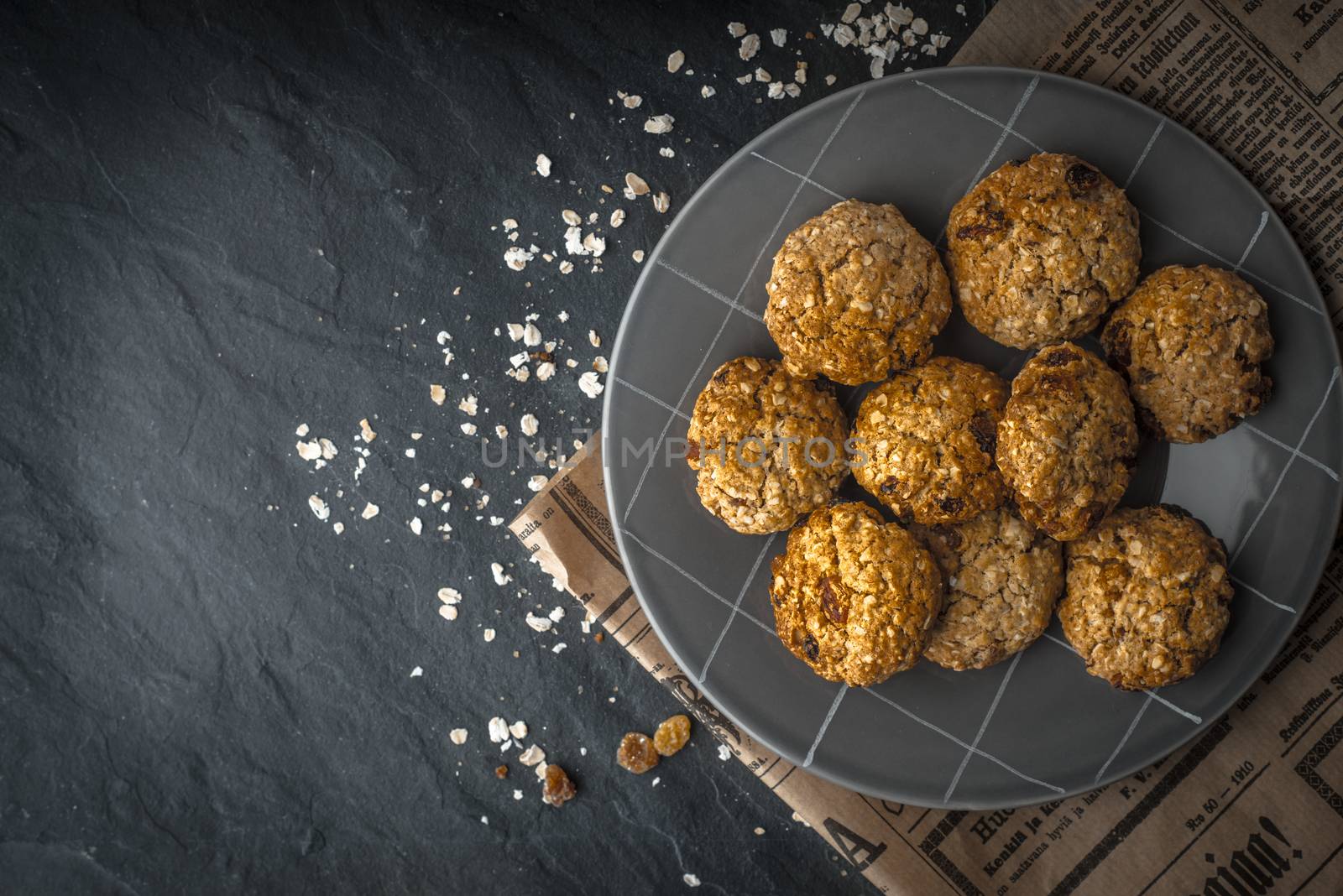 Oatmeal cookies on gray ceramic plate horizontal