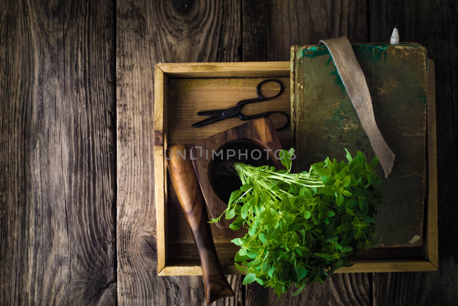Basil, a book and a mortar on a wooden table horizontal