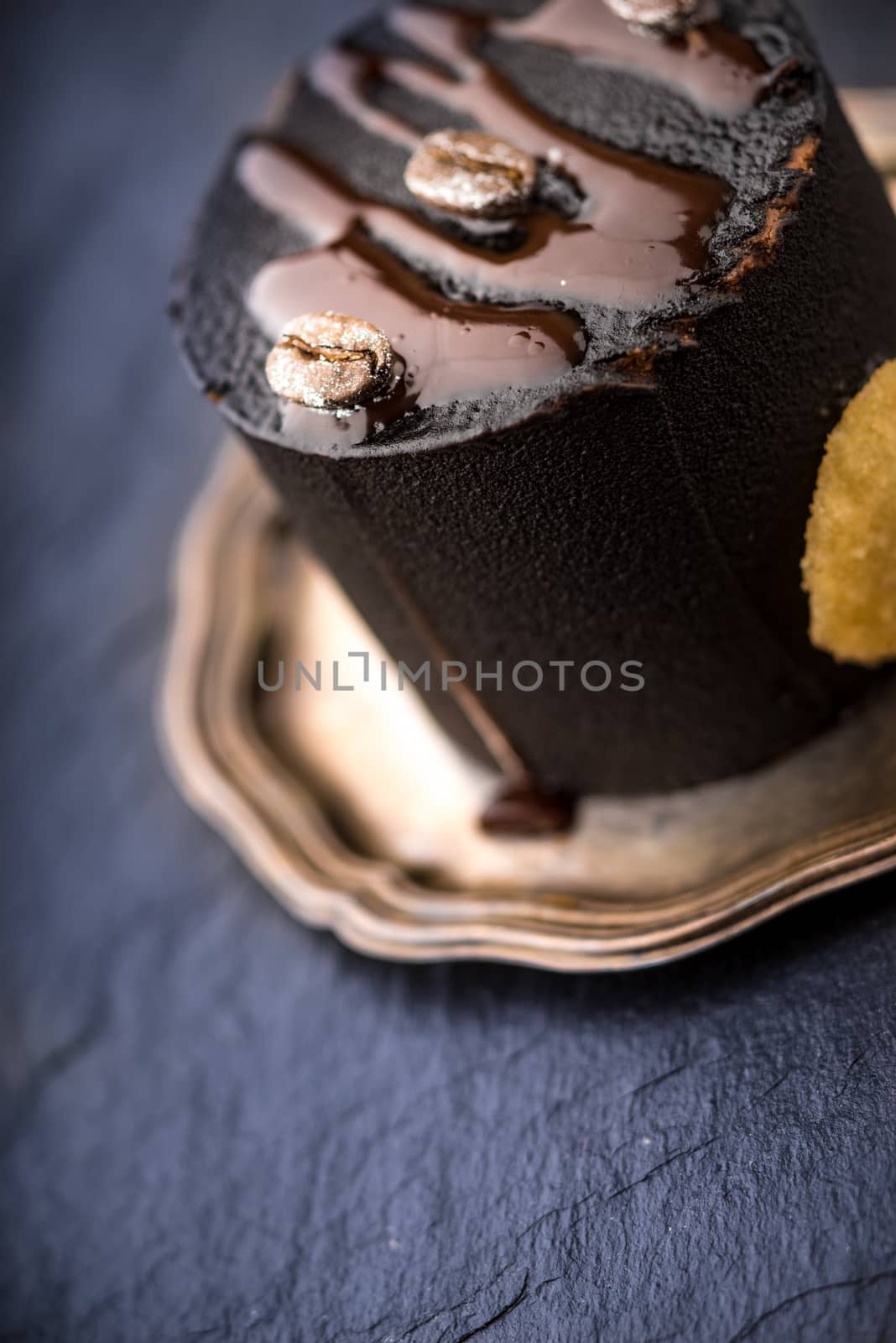 Chocolate mousse on vintage plate vertical