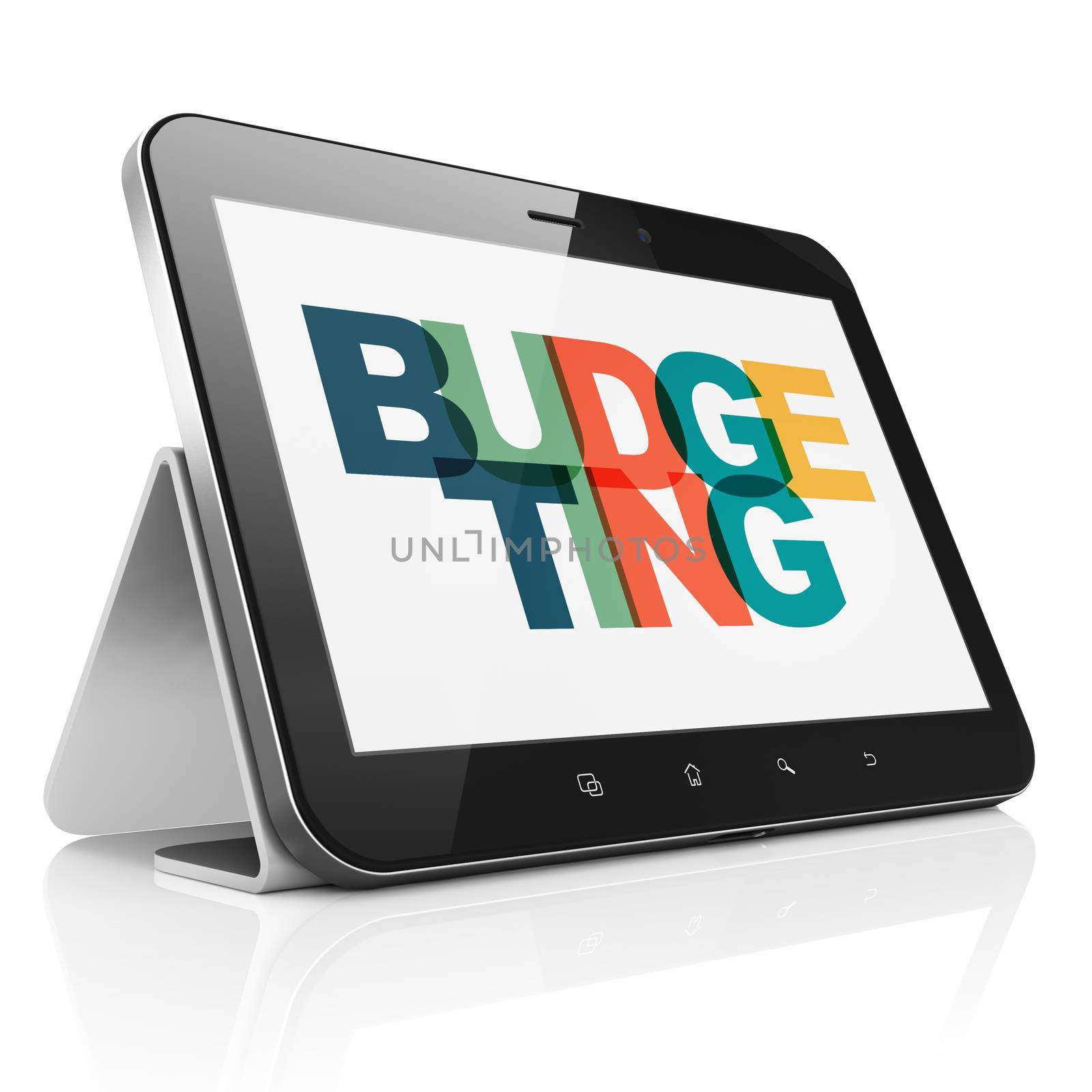 Business concept: Tablet Computer with Painted multicolor text Budgeting on display, 3D rendering