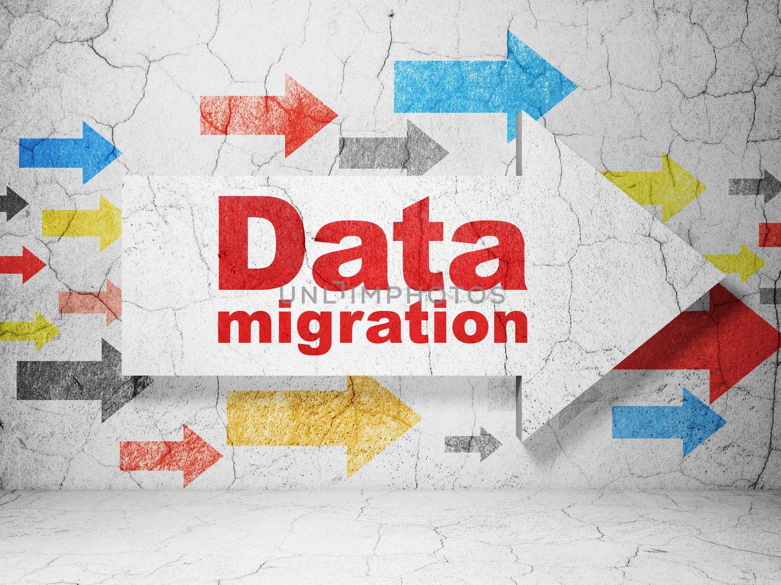 Data concept: arrow with Data Migration on grunge wall background by maxkabakov