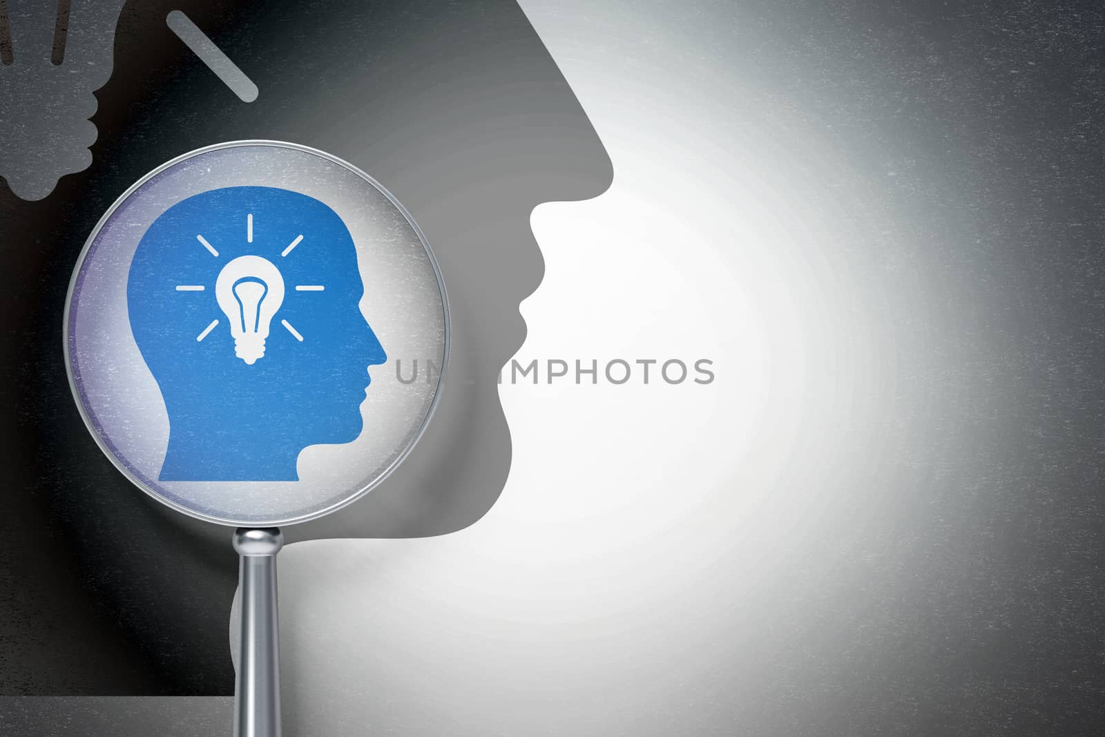 Data concept:  Head With Light Bulb with optical glass on digital background by maxkabakov