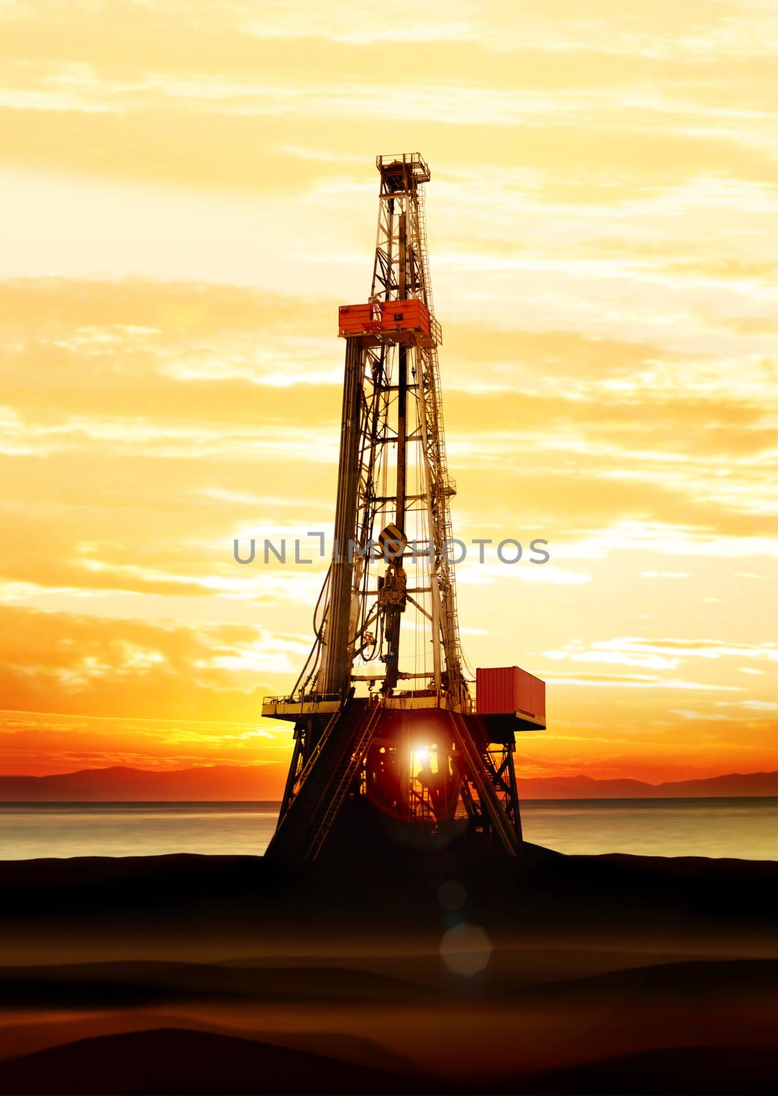 gas and oil production on the sea at sunrise, platform