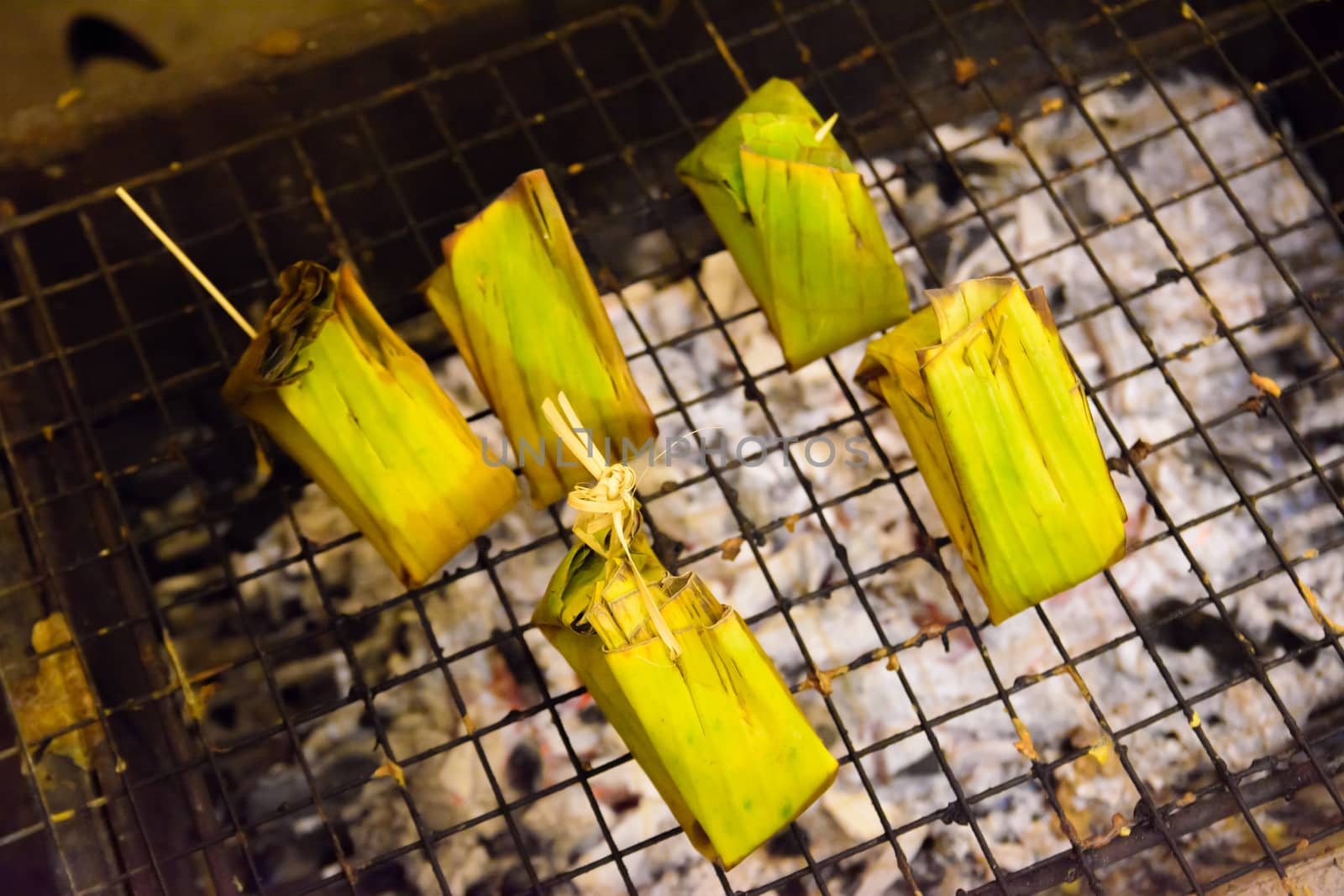 Sticky rice grill in market thailand