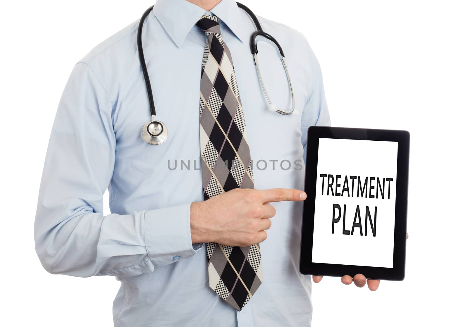 Doctor, isolated on white backgroun,  holding digital tablet - Treatment plan