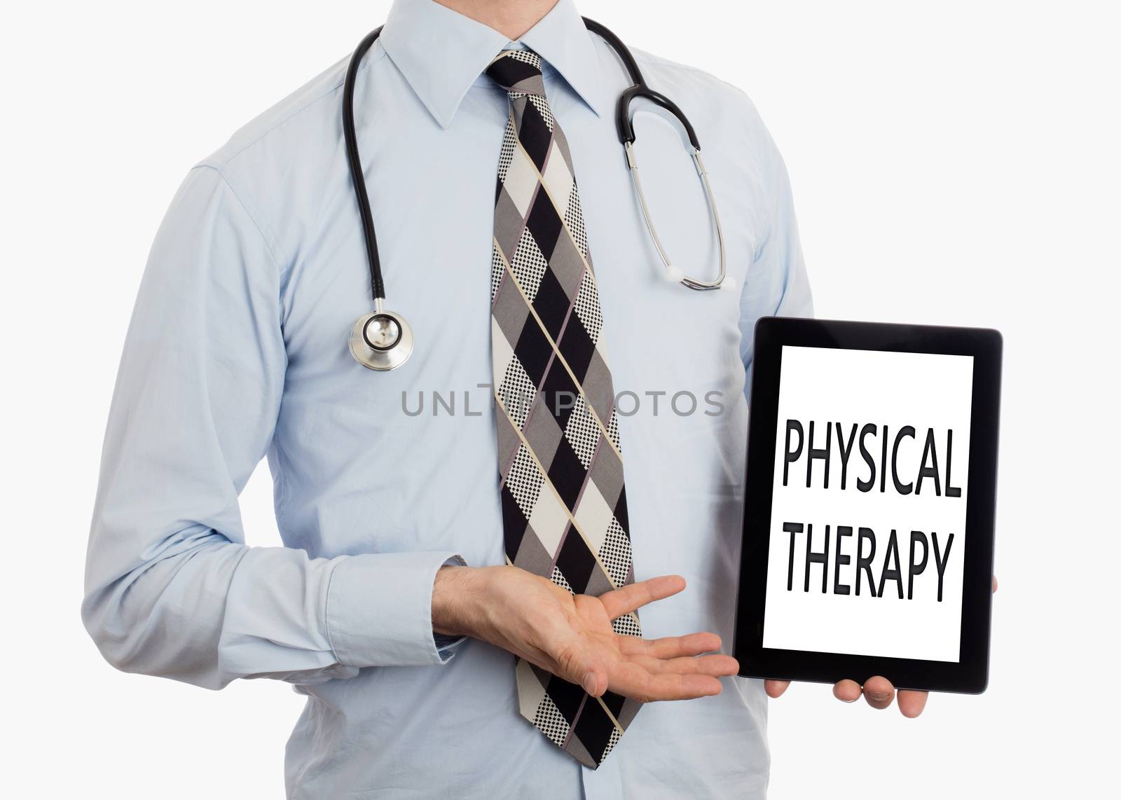 Doctor, isolated on white backgroun,  holding digital tablet - Physical therapy