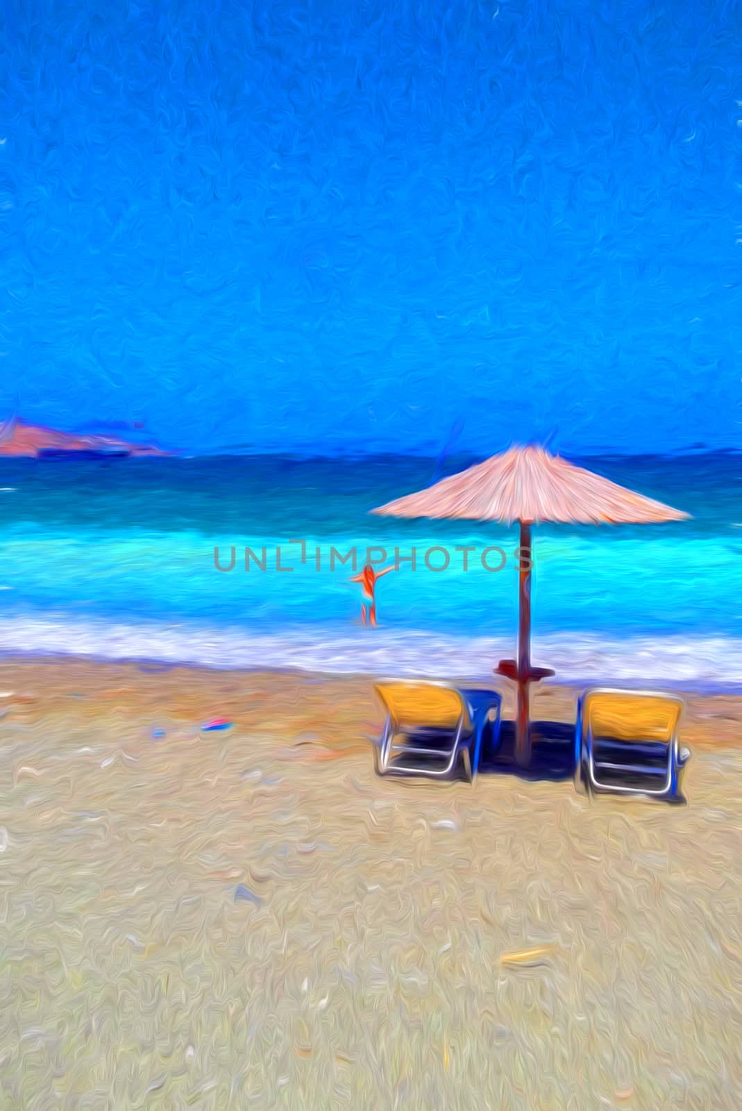 A girl with chairs and umbrella on a beautiful tropical beach by ankarb