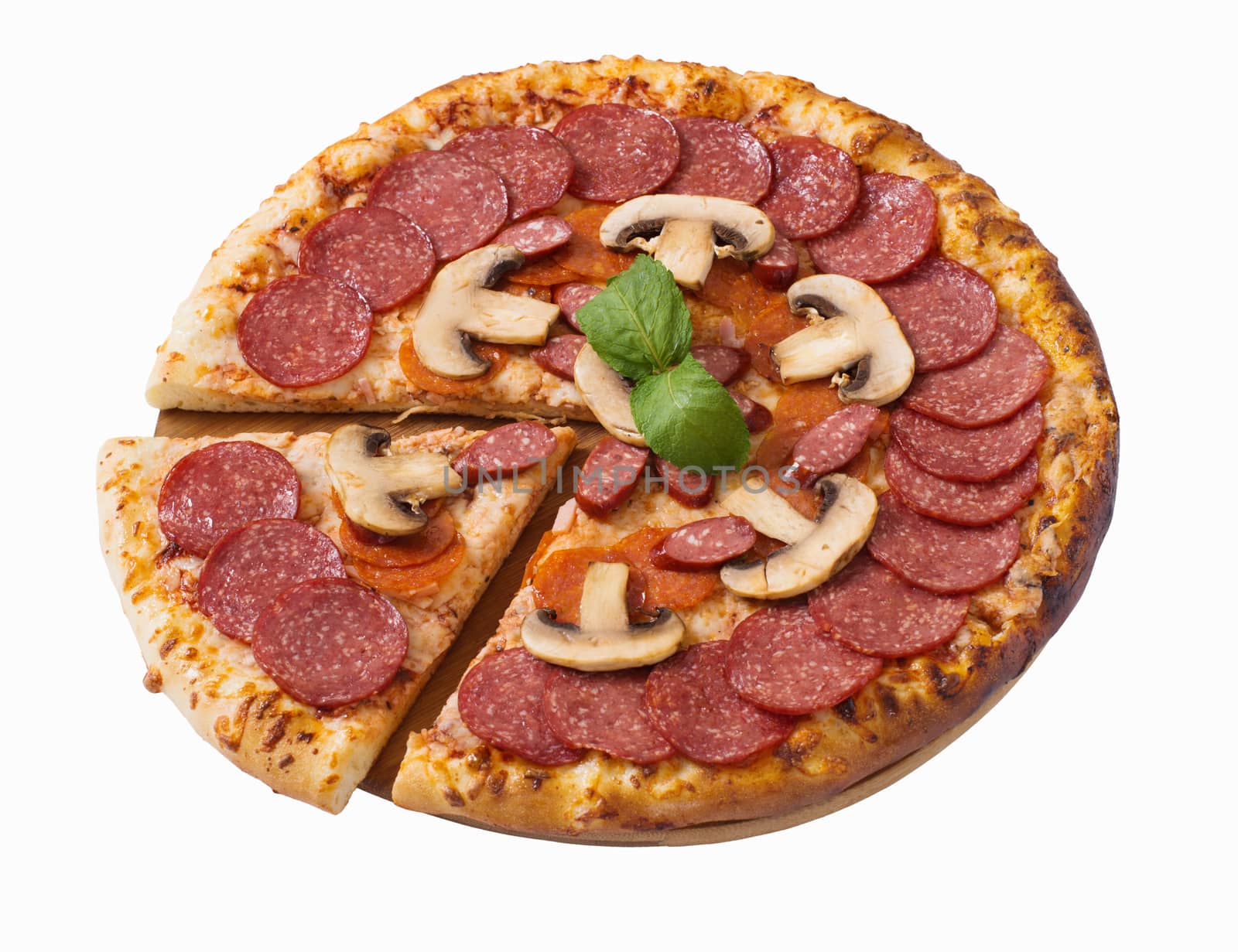 Tasty pizza with  pepperoni and mushrooms  isolated on white