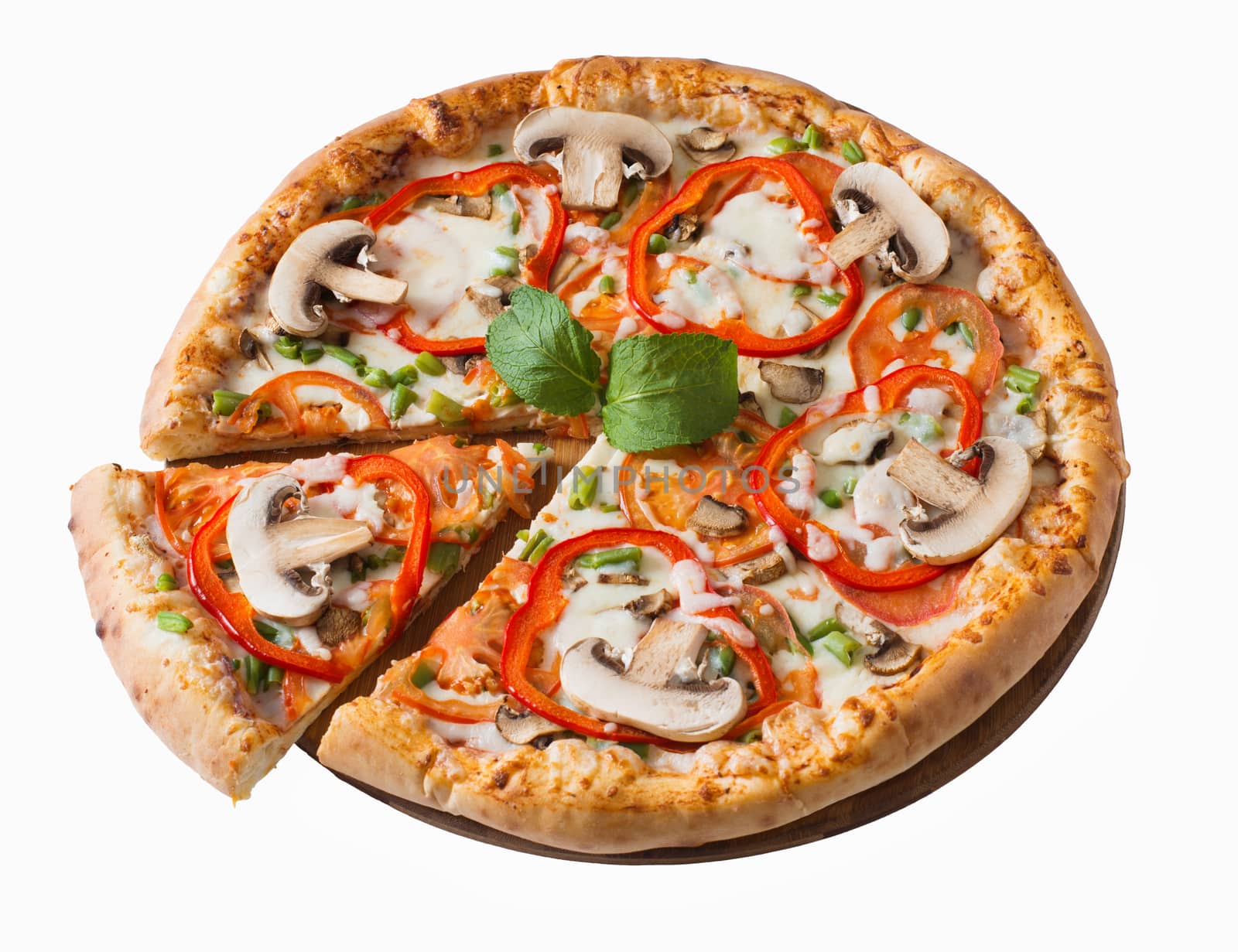 Tasty pizza with mushrooms and vegetables  isolated  by kzen