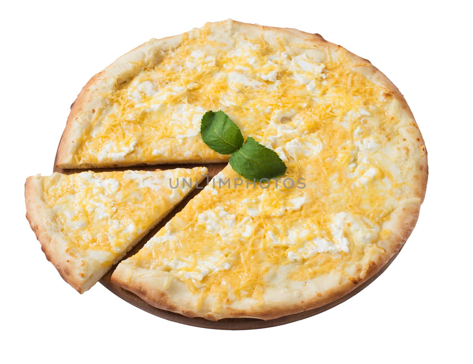 Tasty cheese pizza with slice isolated  by kzen