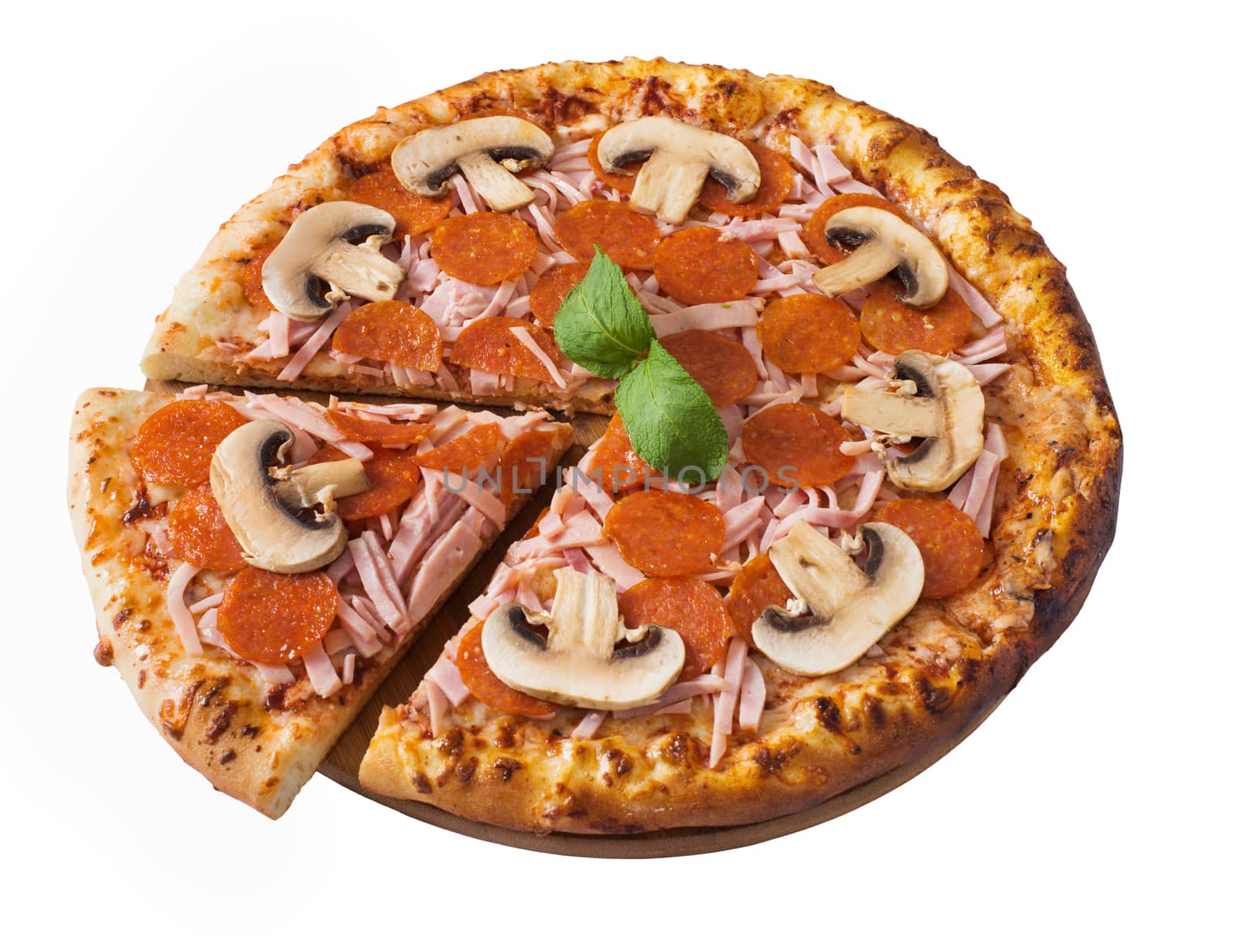 Tasty pizza with pepperoni, ham and mushrooms isolated  by kzen