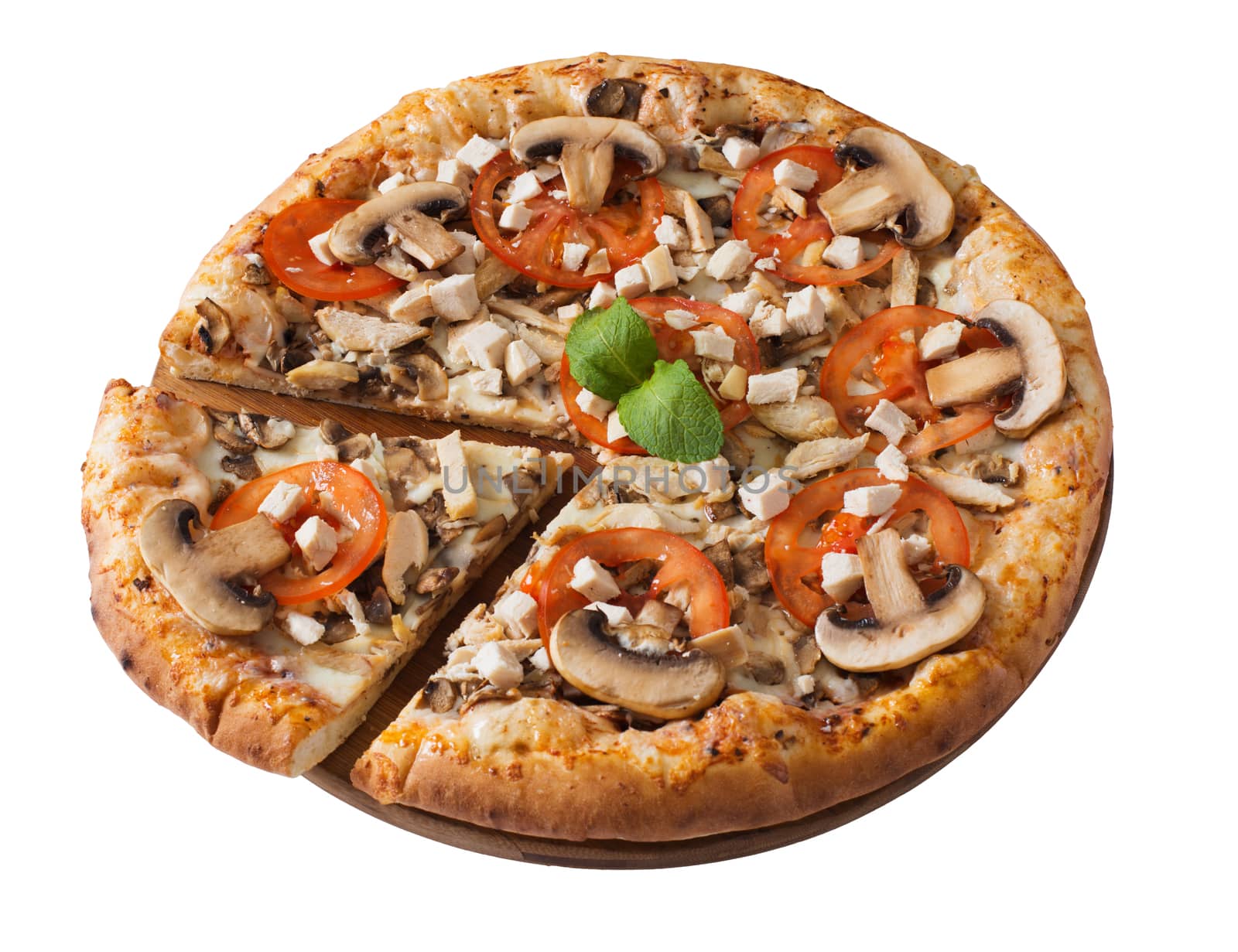 Tasty pizza with chicken, mushrooms and tomato isolated on white