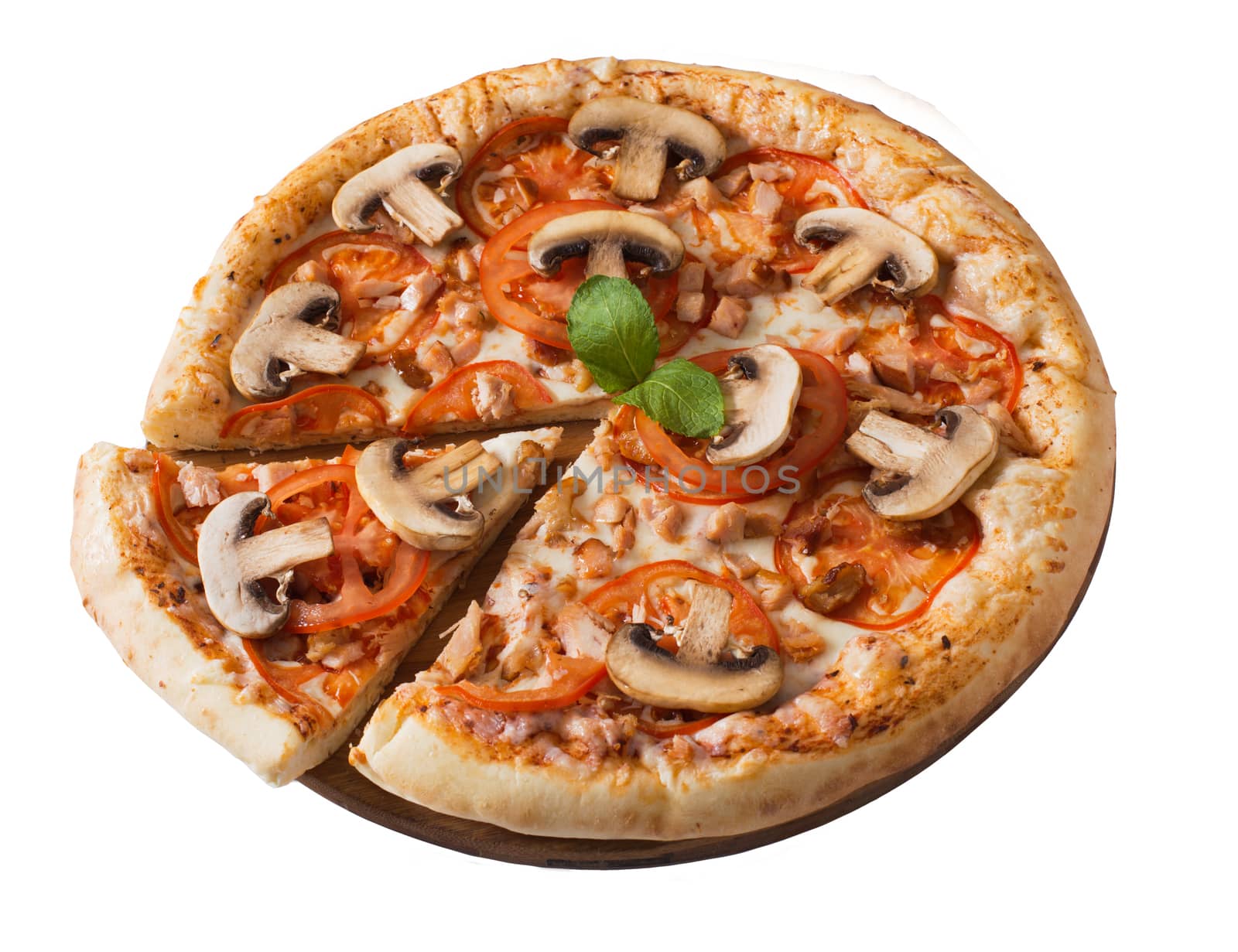 Tasty pizza with meat, mushrooms and tomato isolated on white