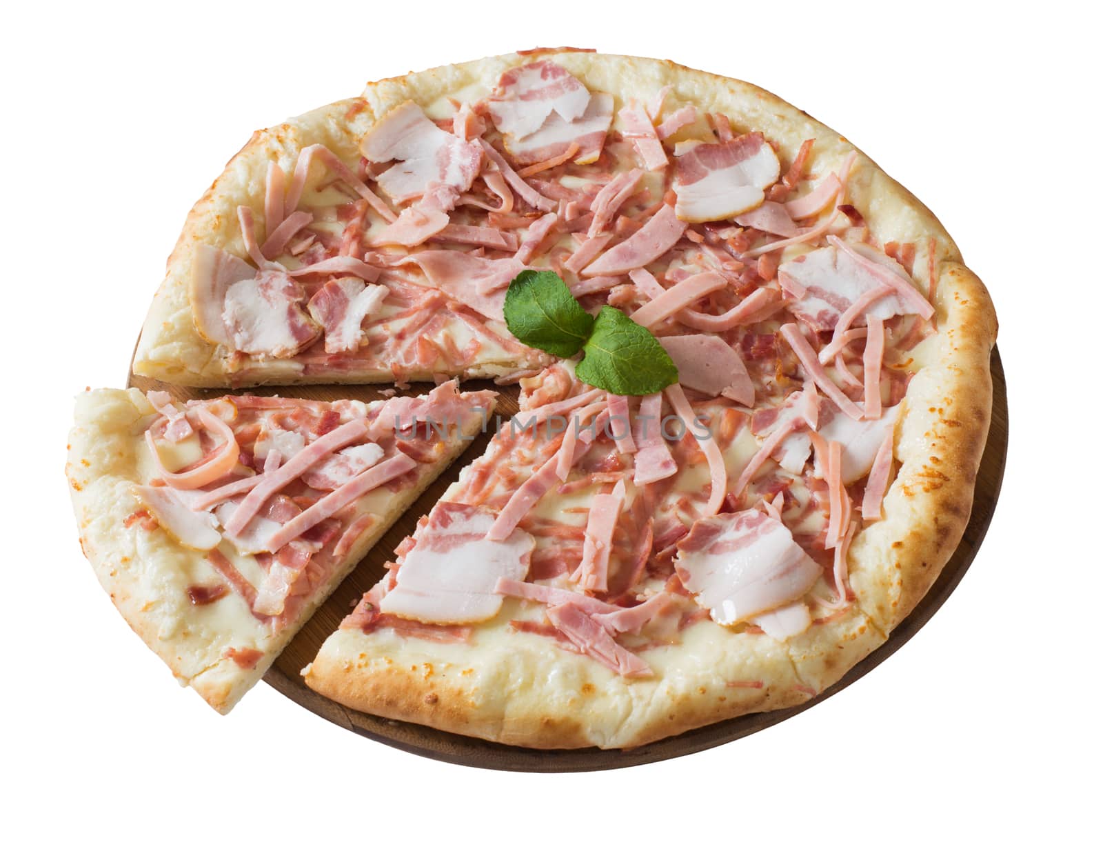 Tasty pizza with ham and brisket  isolated  by kzen