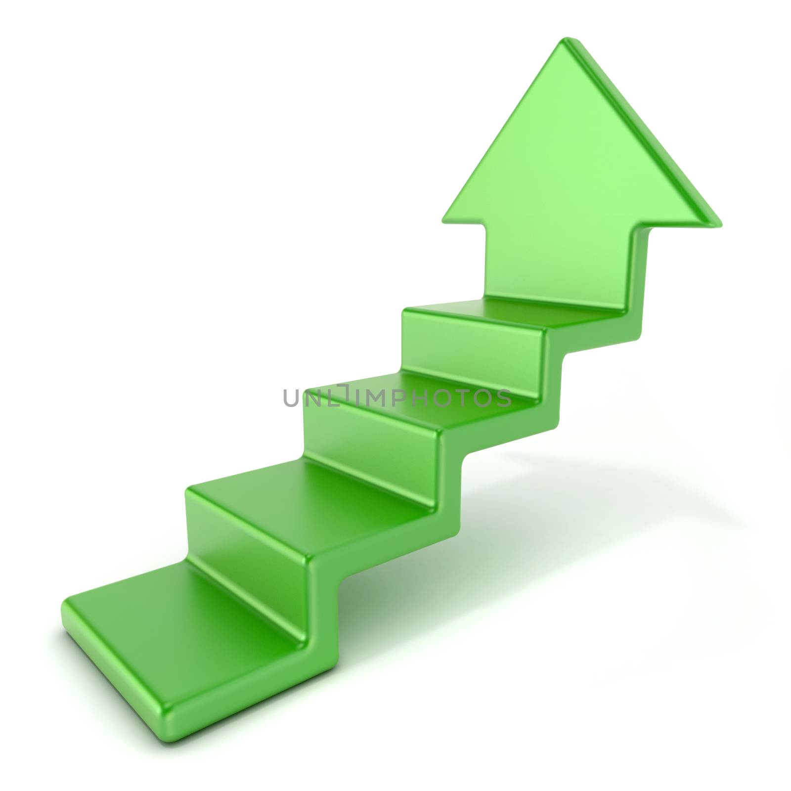 Green up arrow stairs. 3D render illustration isolated on white background