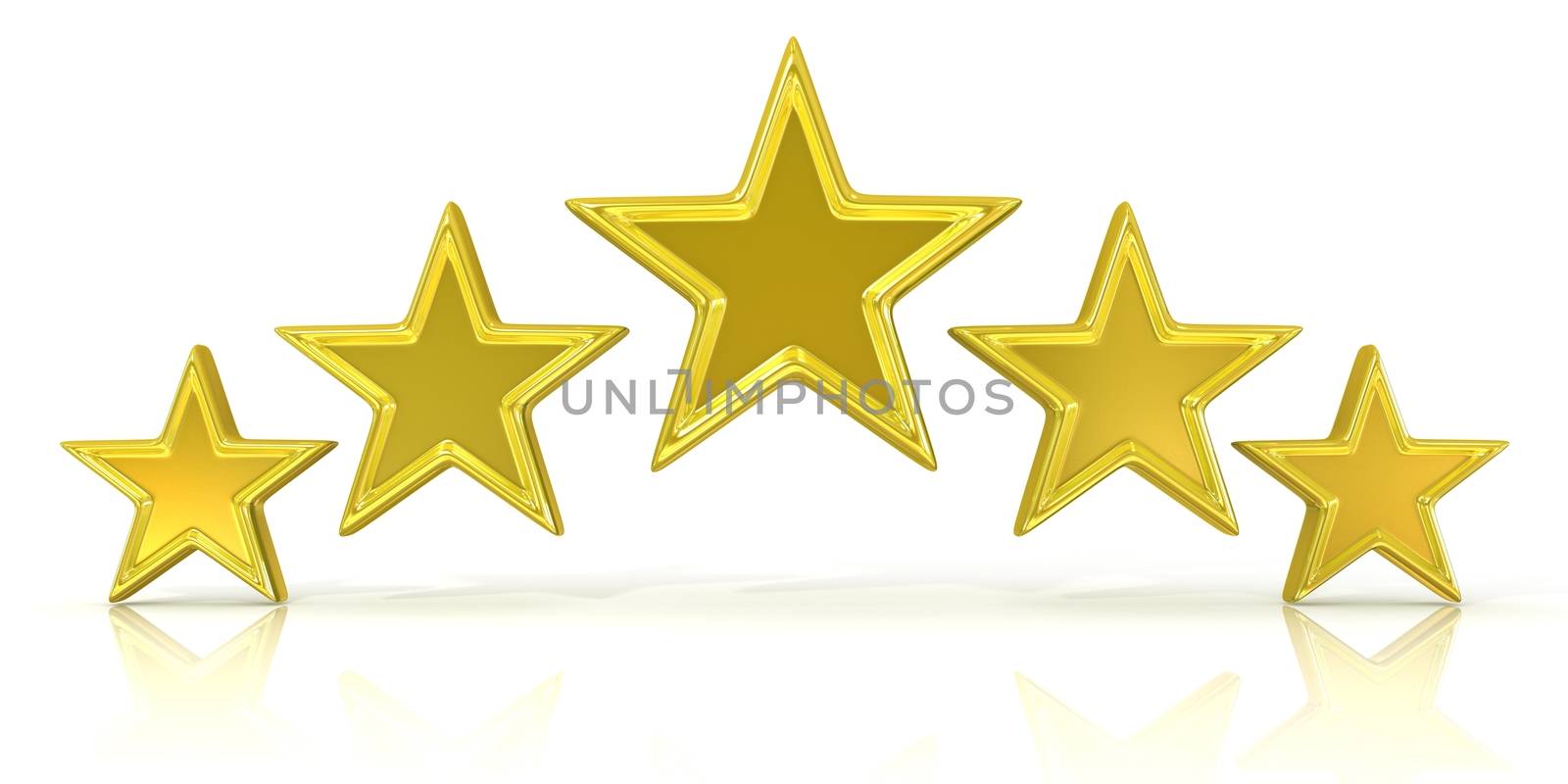 3D rendering of five gold stars isolated on white