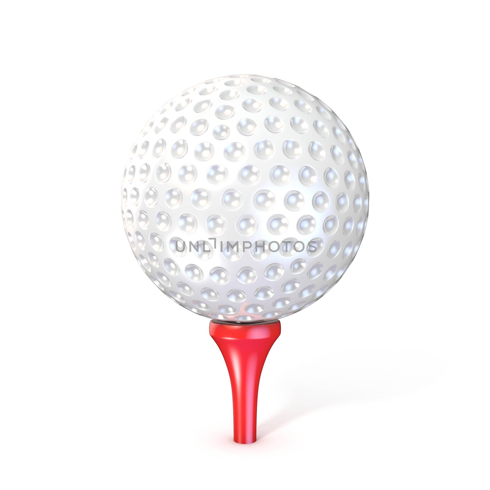 Golf ball on red tee. 3D render illustration, isolated on white background