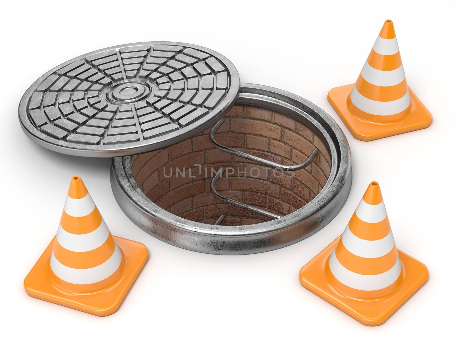 Open manhole and traffic cones. Under construction concept. 3D render illustration isolated on white background