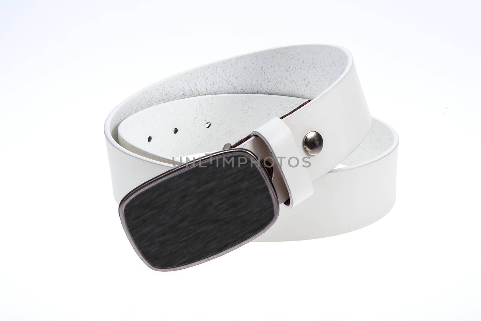 Leather white belt with metal, black buckle on white background