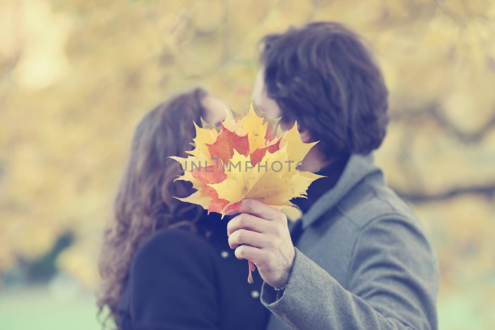 Couple kissing in autumn park by ALotOfPeople