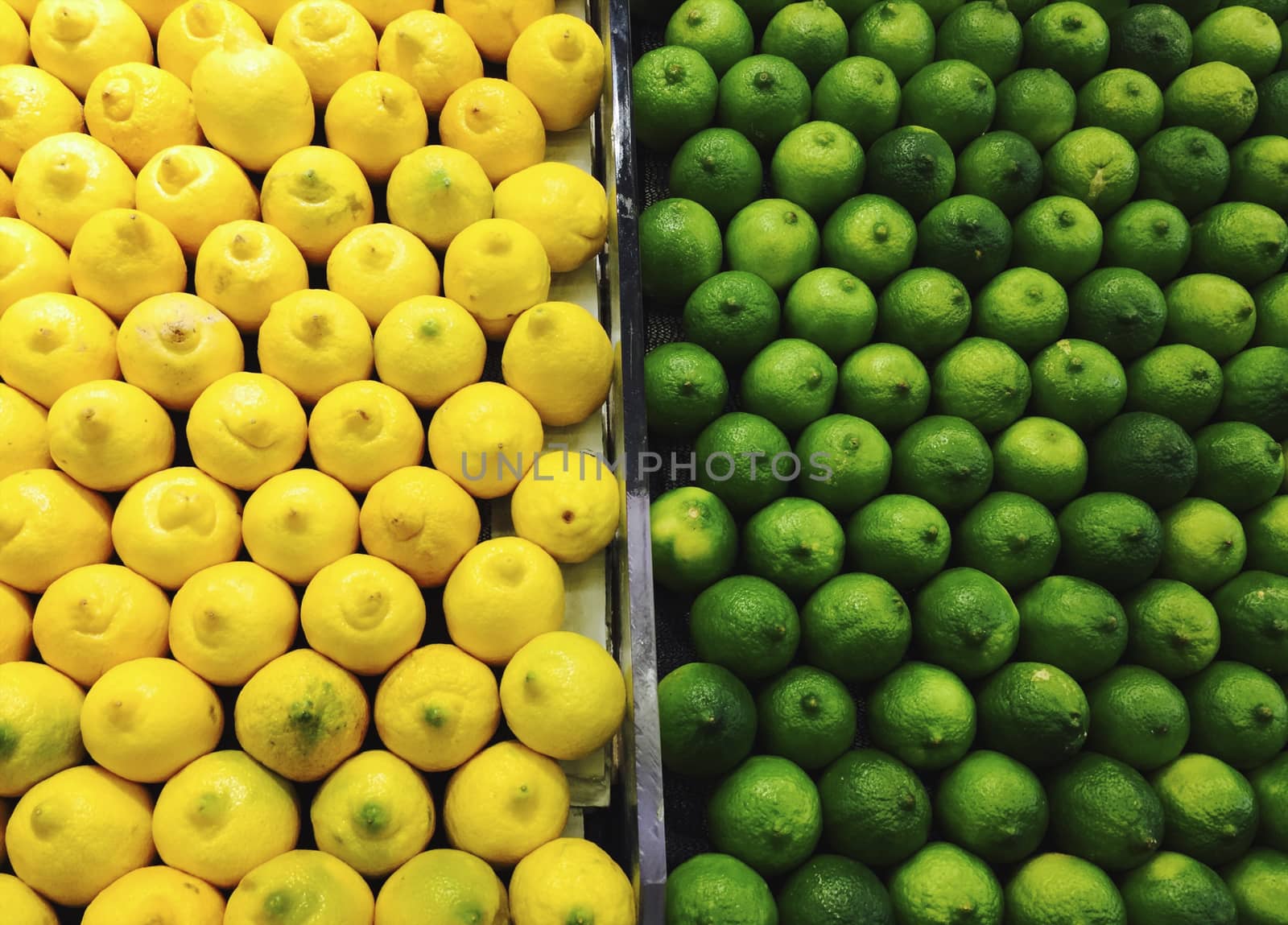 Lemon and limes in rows, shopping.
