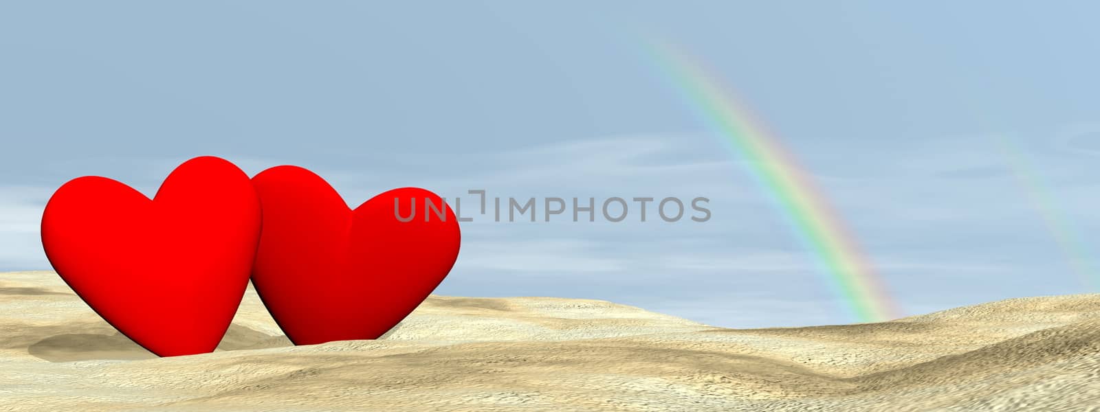 Two red hearts loving each other on the beach sand under rainbow - 3D render