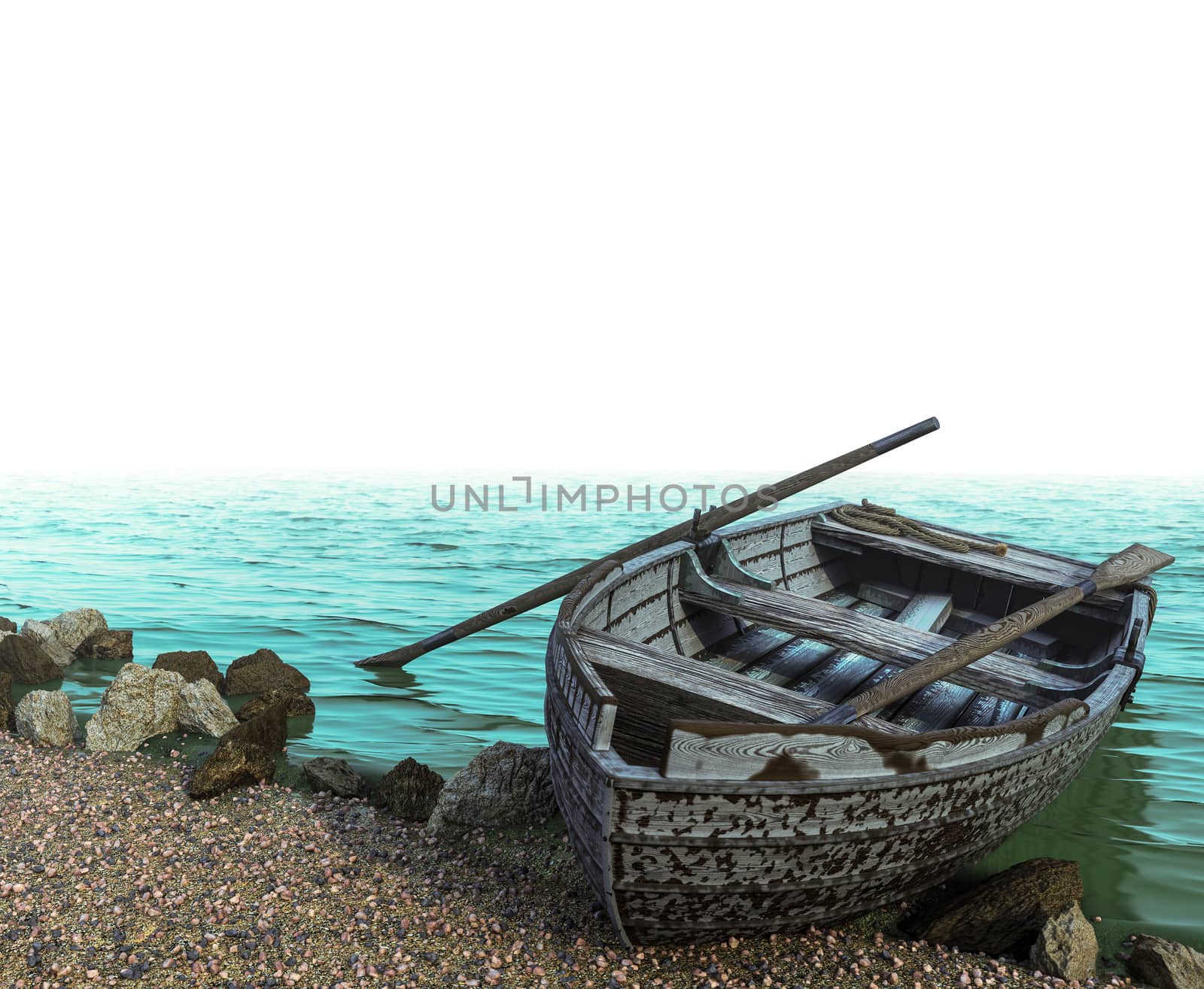 old boat on a pebble beach on isolate white background