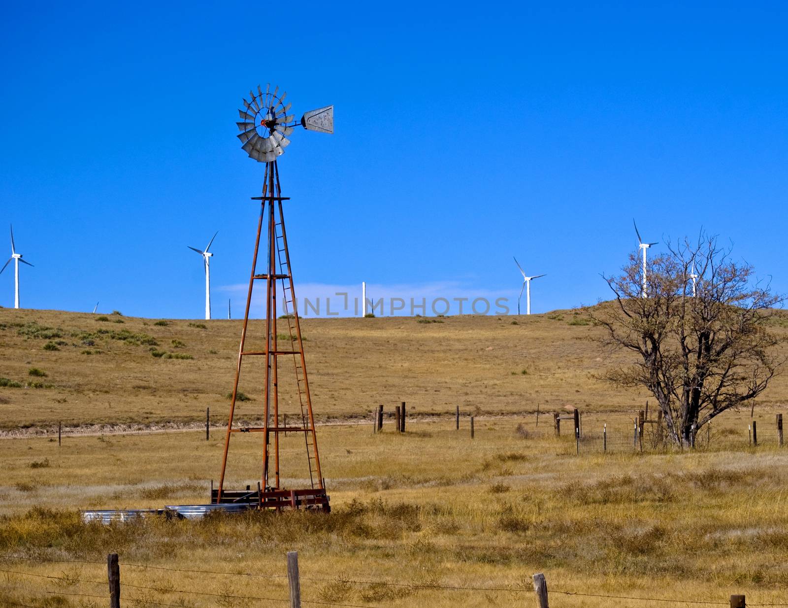 An old wind driven water well is surrounded by new wind generators.