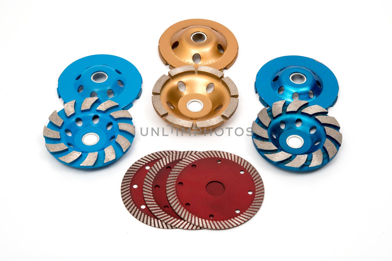 Industrial turbo concrete grinding steel wheels set on white background