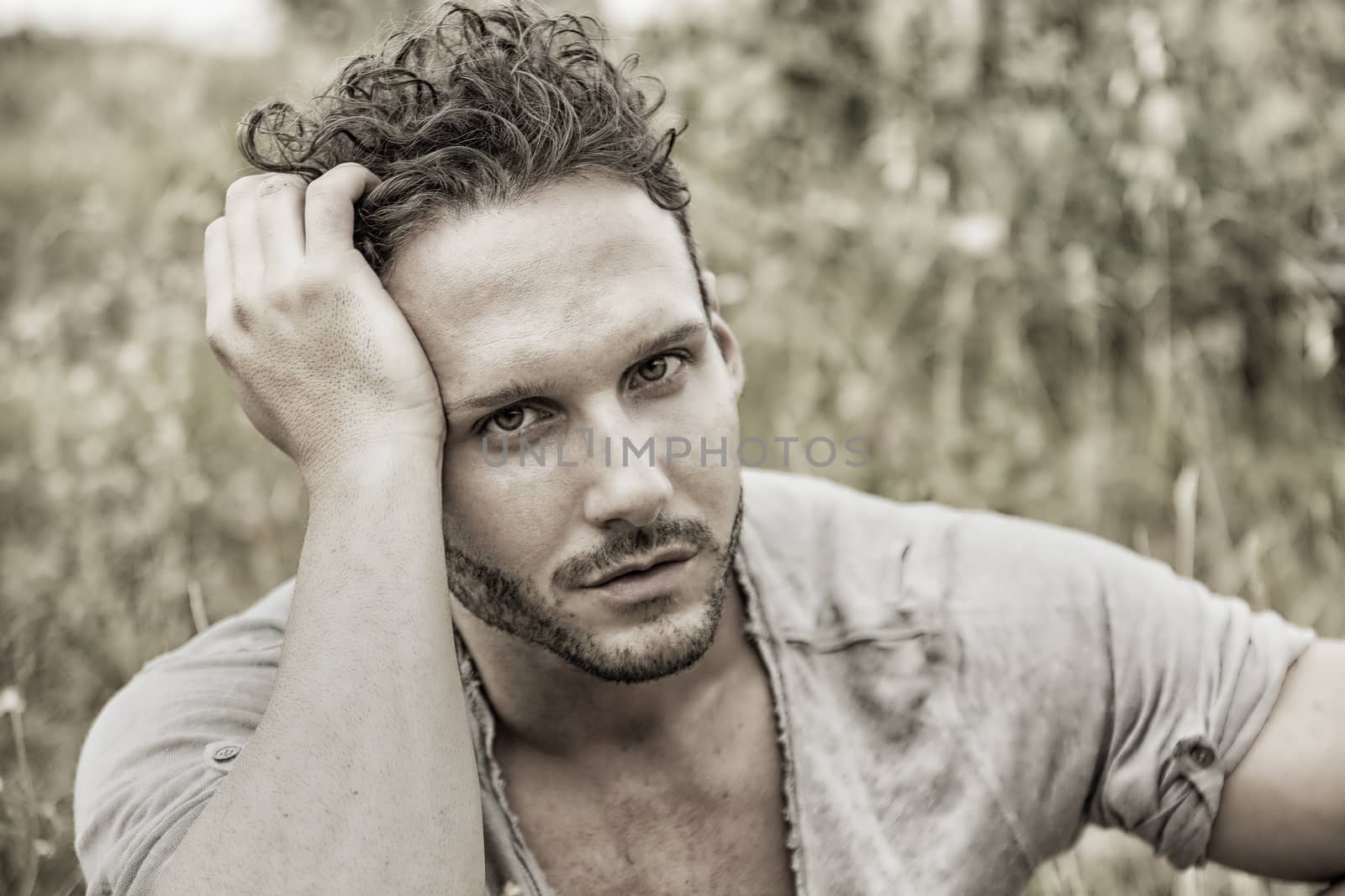 Good looking male model sitting on grass in a field, looking at camera