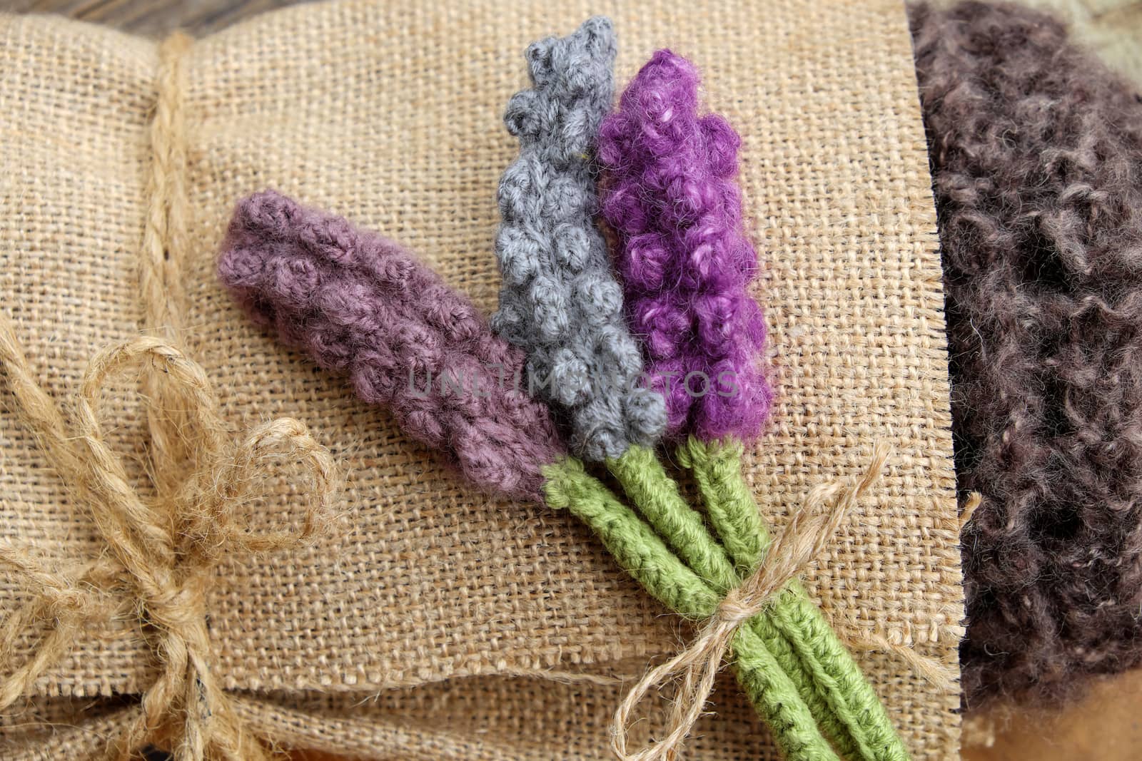 Handmade gift for mother day or valentine day, knitted lavender flower and present box in burlap, beauty lavender bouquet make from knit in free time
