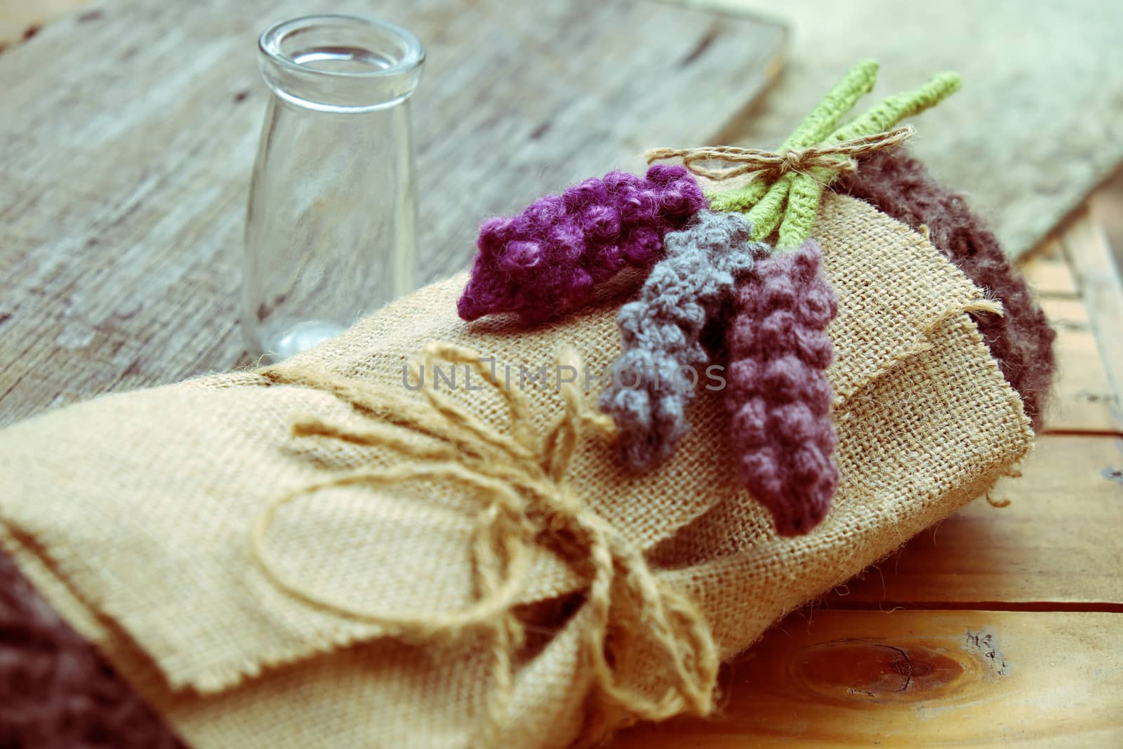 Handmade gift for mother day or valentine day, knitted lavender flower and present box in burlap, beauty lavender bouquet make from knit in free time
