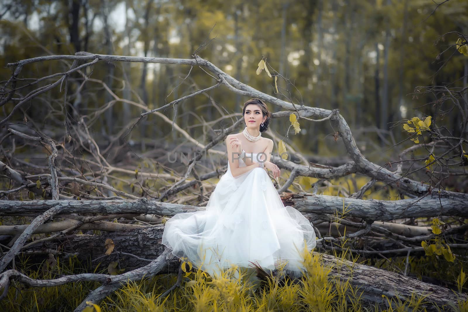Beautiful girl in the dress of the bride walks in autumn park wi by chanwity