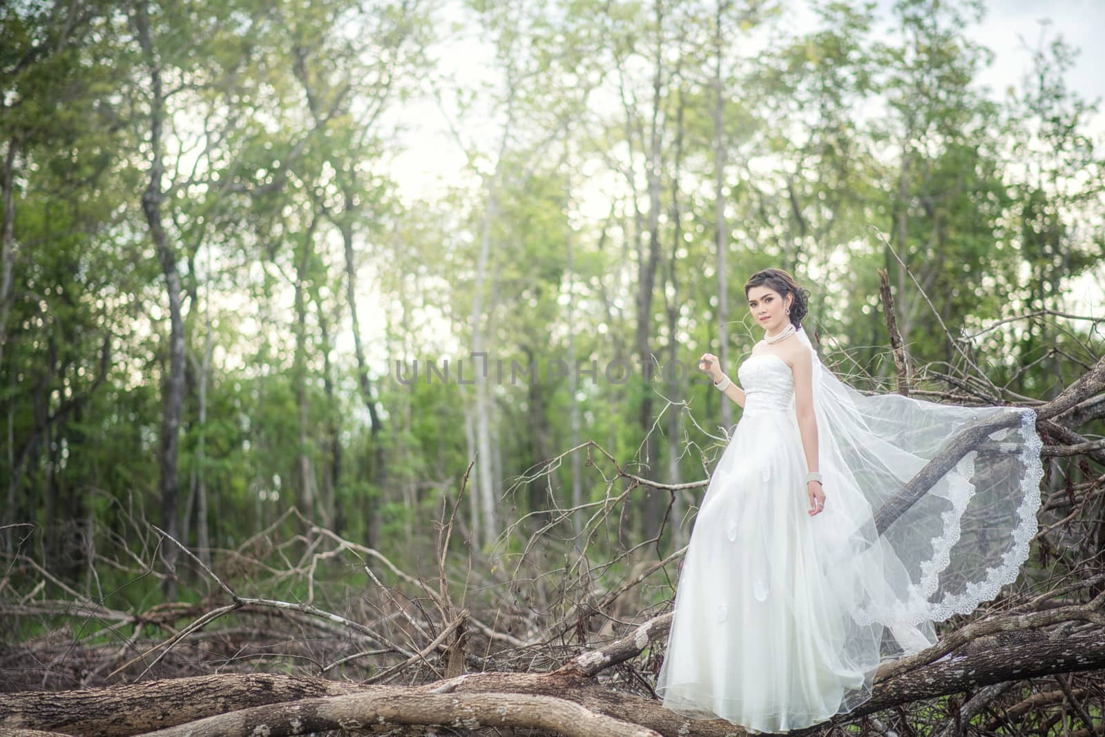 Beautiful girl in the dress of the bride walks in autumn park with trees and fallen leaves