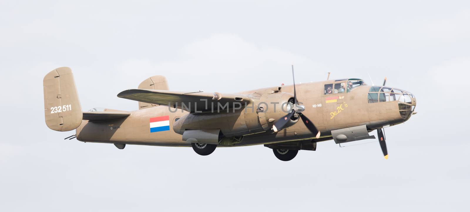 LEEUWARDEN, THE NETHERLANDS - JUNE 10: WW2 B-25 Mitchell bomber in Dutch markings during the Dutch Air Force Open House. June 10, 2016 in Leeuwarden, The Netherlands