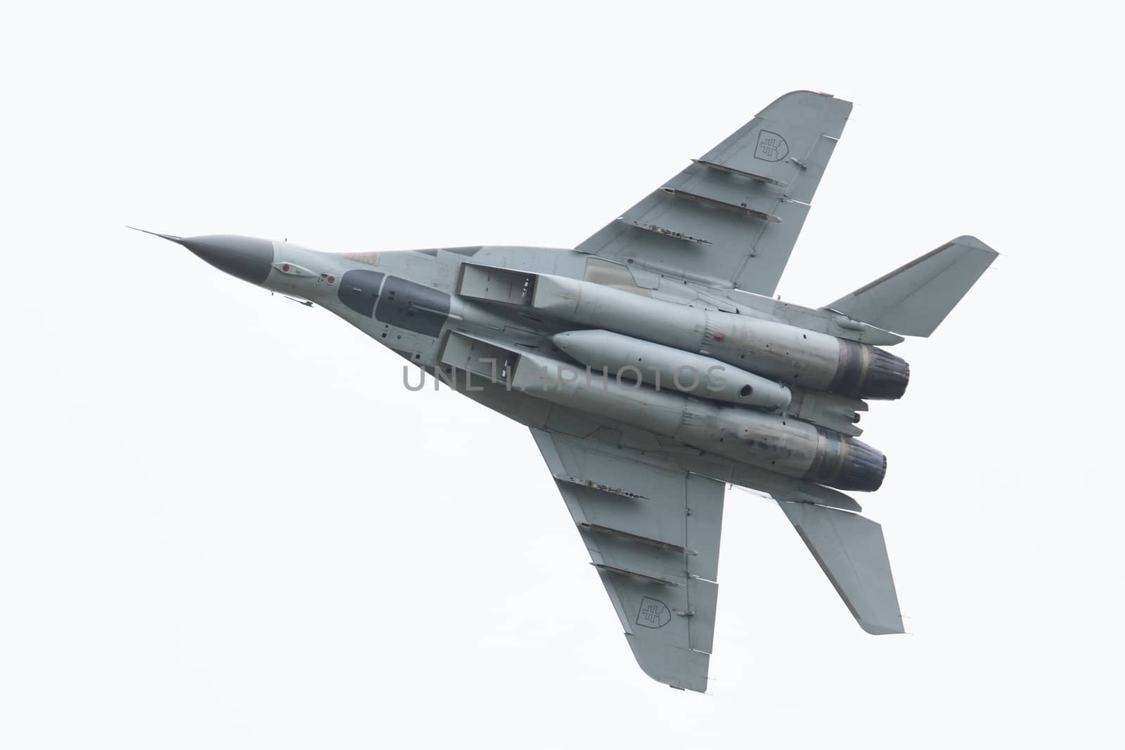 LEEUWARDEN, THE NETHERLANDS - JUNE 10, 2016: Slovak Air Force MiG-29 Fulcrum during a demonstration at the Royal Netherlands Air Force Days